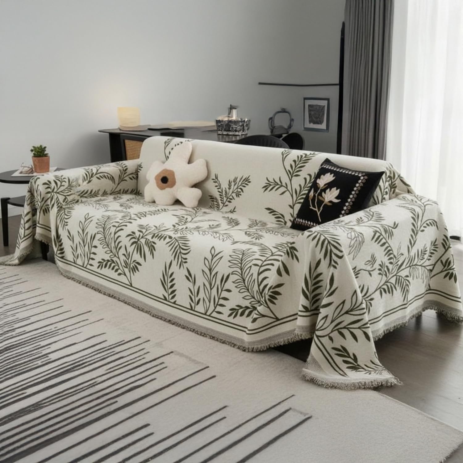 Black Chenille Sofa Cover - Reversible & Anti-Slip -14