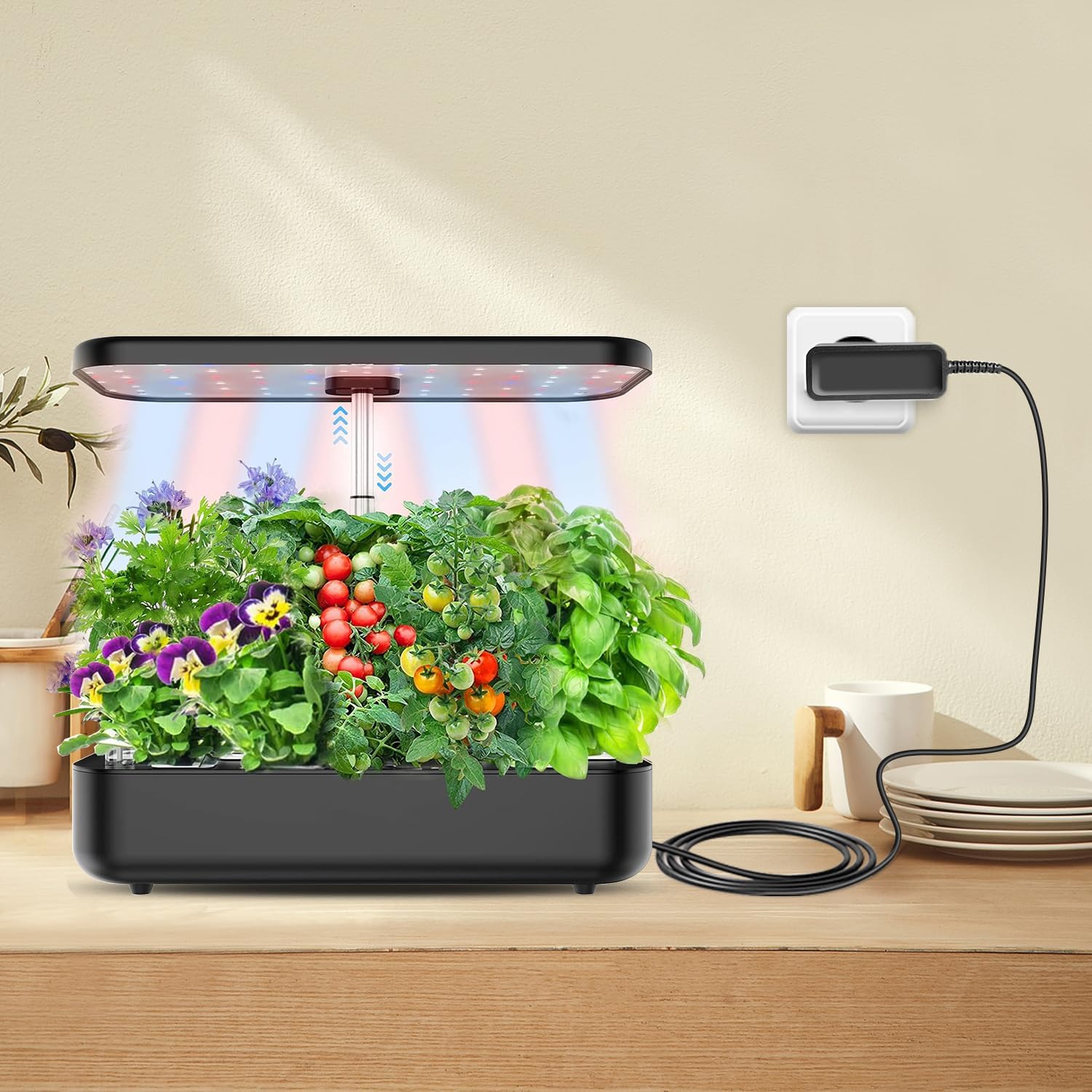 Hydroponic system connected to the KFD power adapter and plugged into a wall outlet