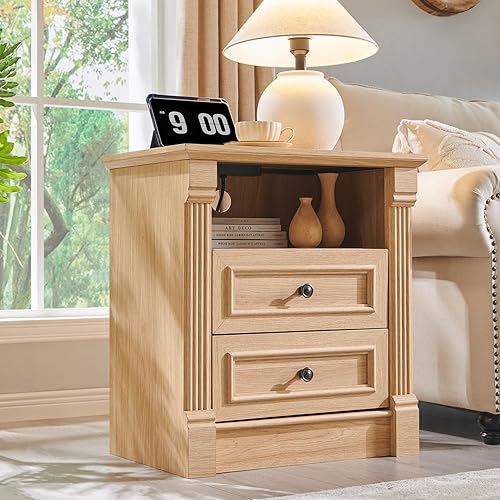 Aitjunz 26" Tall 2 Drawers Dresser for Bedroom, Farmhouse 23.6" Wide Large Nightstand with Charging Station, Wood Rustic Side Table w/Roman Column, End Table for Bedroom, Living Room, Natrual