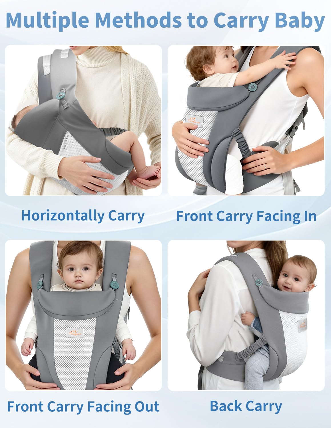 Mumgaroo Baby Carrier, Baby Carriers from Newborn to Toddler, 4 in 1 Air Mesh & Silk Cotton Toddler Carrier - Image 3