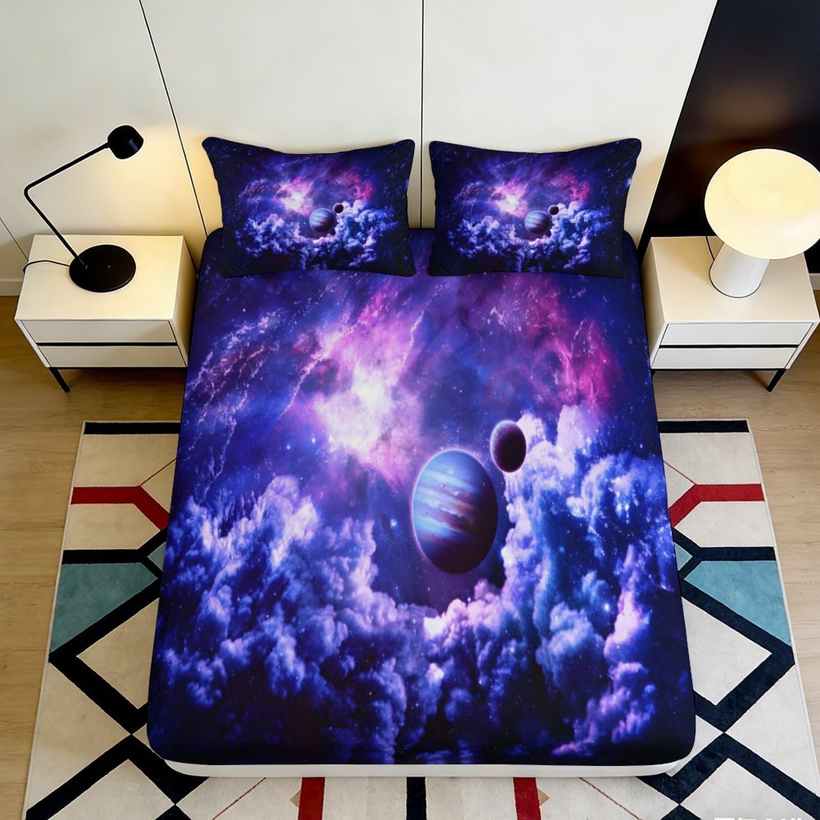 3D Printed Galaxy Fitted Sheet Microfiber Deep Pocket Non-Slip Bedroom Set Starry Mattress Fitted Cover Washable for Adults Teens 200x200x25cm