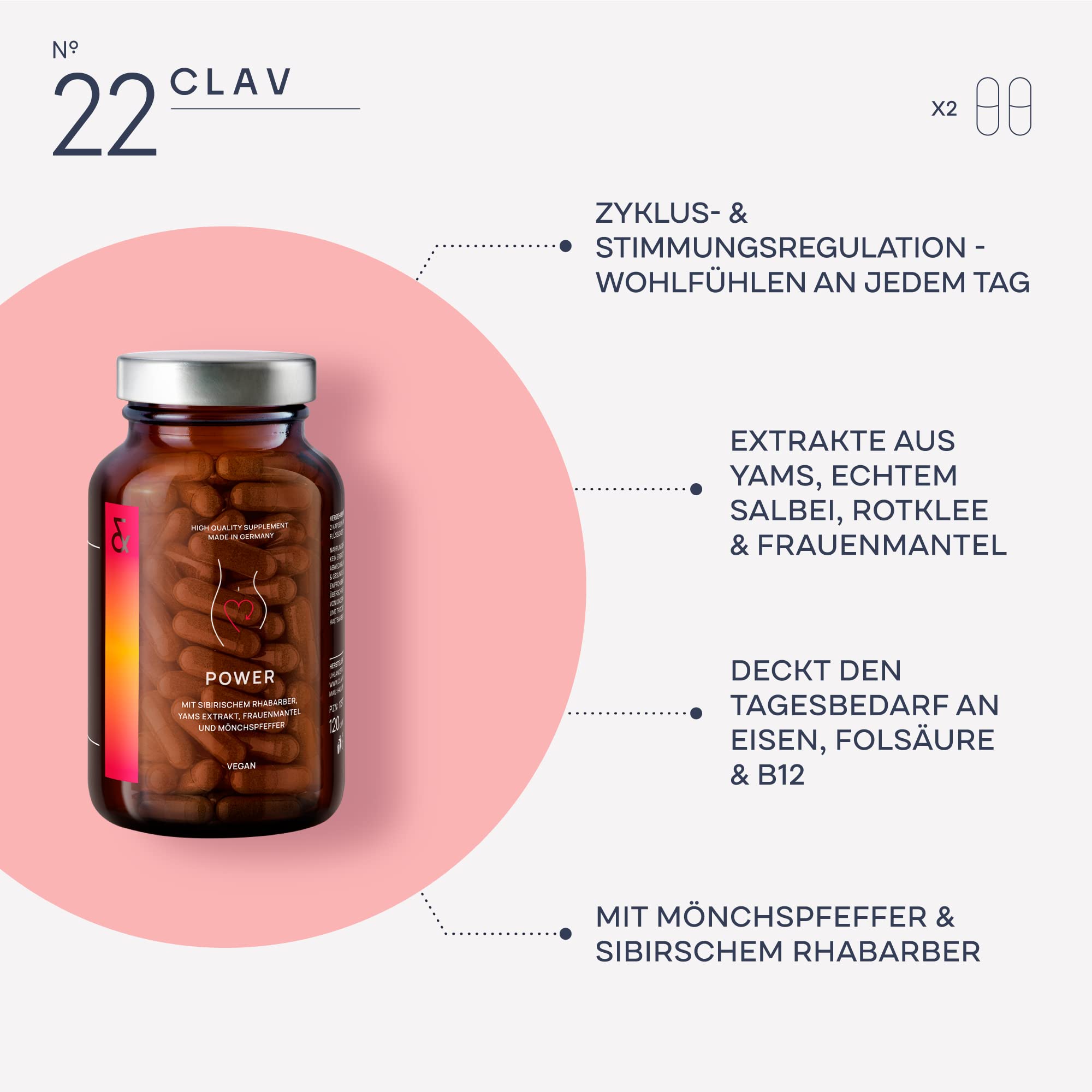 CLAV® Power – Frauen Hormonbalance – 120 vegane Kapseln – mit Mönchspfeffer, Yamswurzel, Frauenmantel & Rotklee – Salbei & Rhabarber Extrakt – Für Frauen – Made in Germany