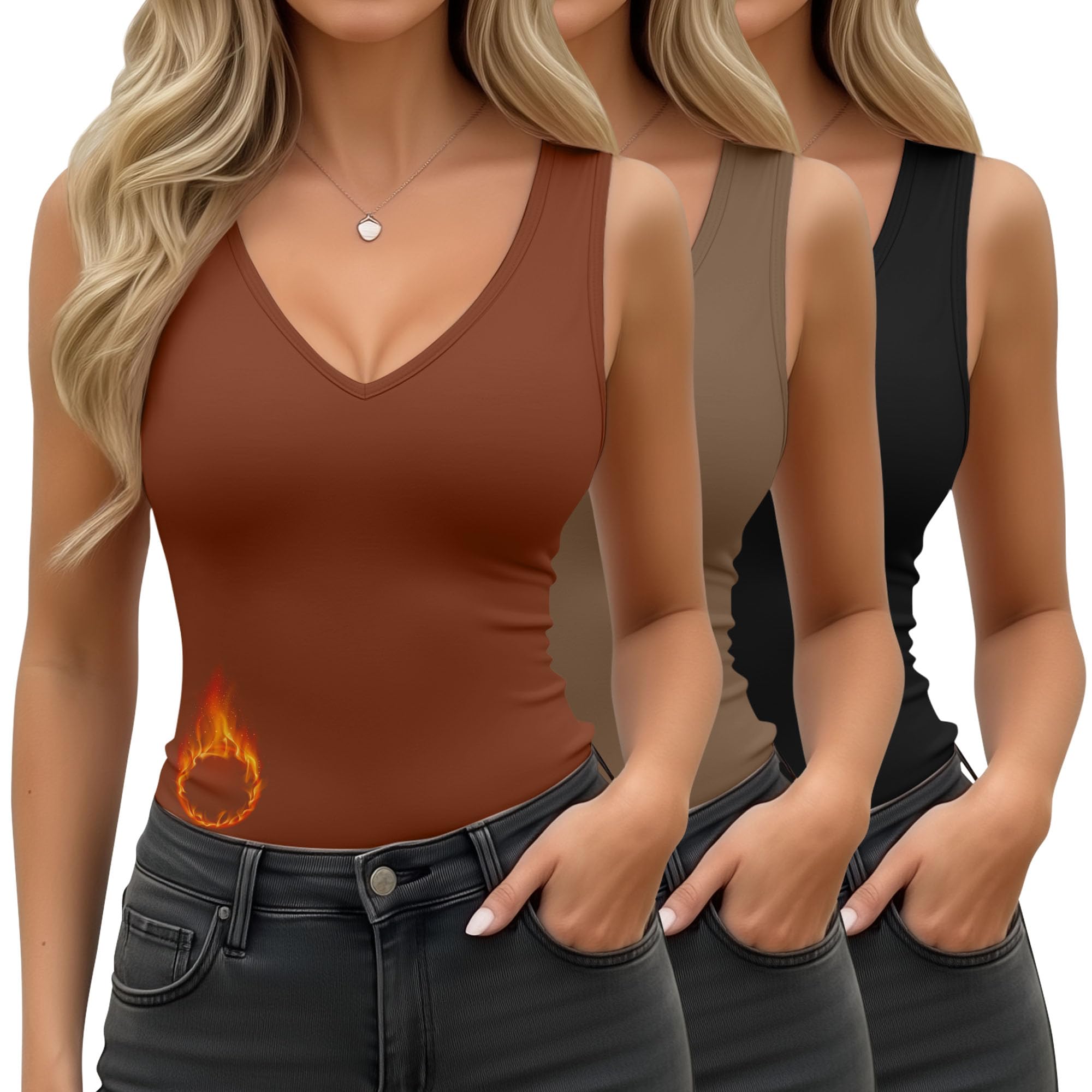 3 Pcs Women's Thermal Tank Tops Fleece Lined Sleeveless Underwear Vest Reversible U/v Neck Warm Base Layer Camisole