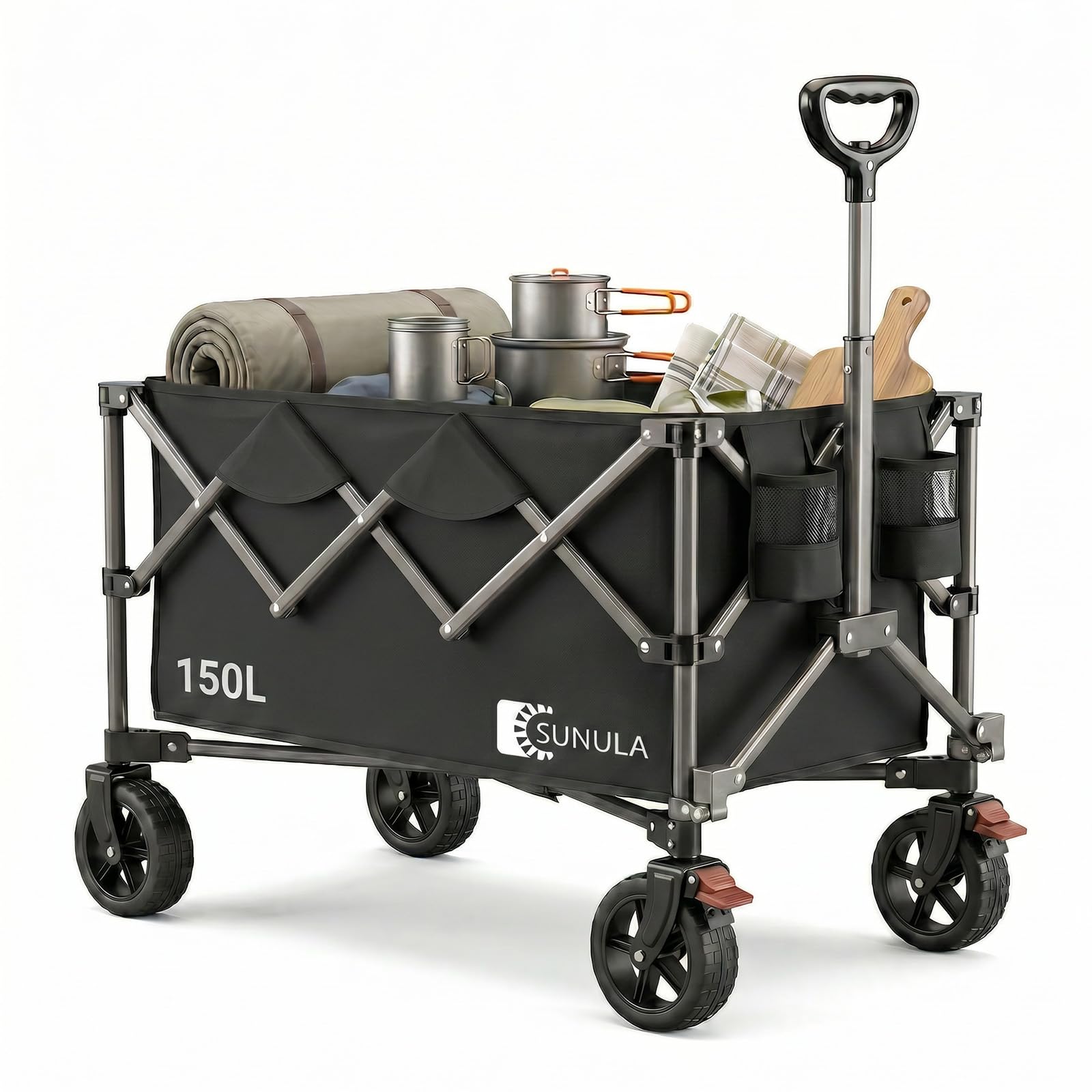 SUNULA Bollerwagen Faltbar 150L 120KG, Handwagen Geländegängig mit Bremsen | Klappbarer Handwagen mit Ein-Klick-Handgriff & 4-seitig zusammenfaltbar, ideal für Einkauf, Camping, Garten, Schwarz