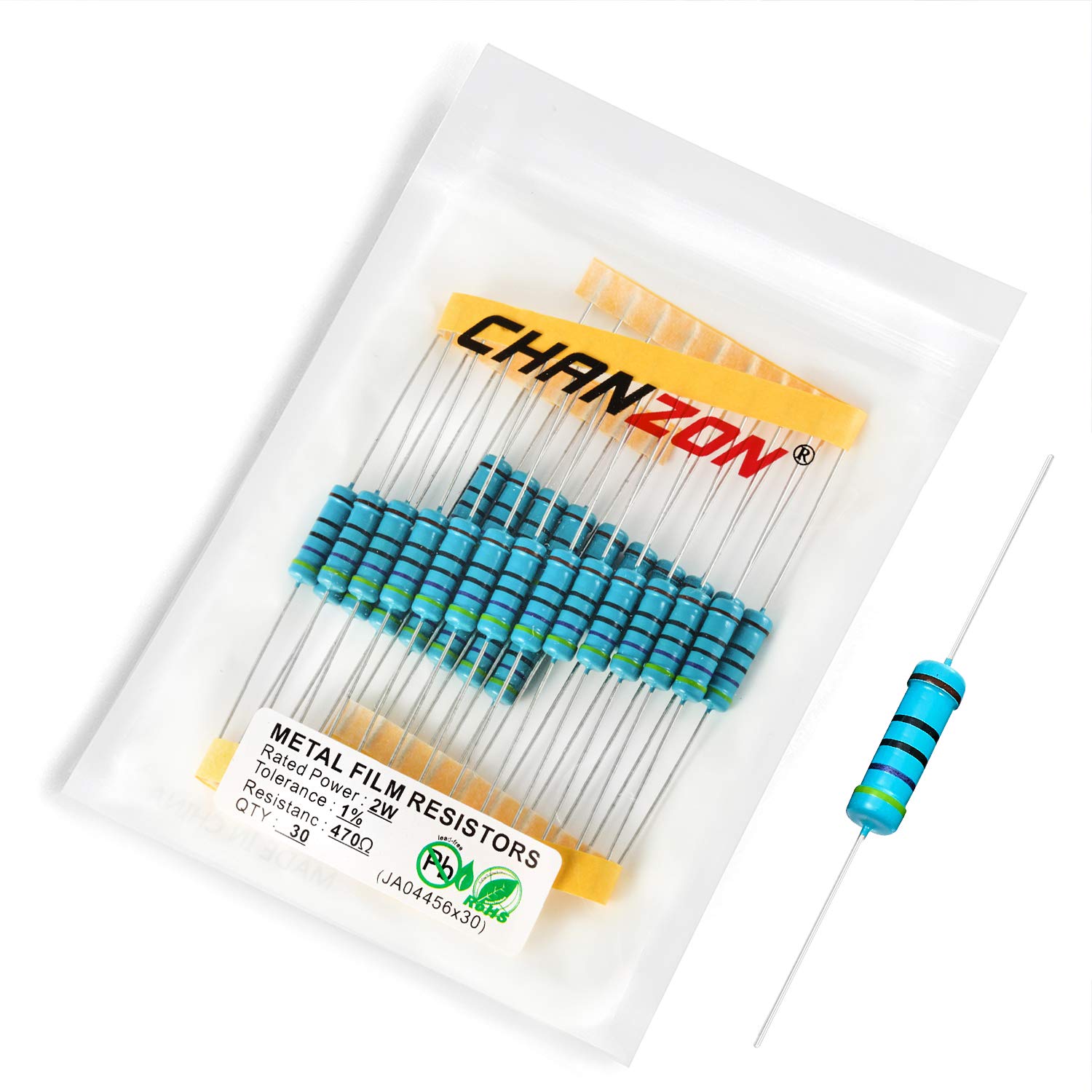 Chanzon 30pcs 2W 470 Ω ohm Metal Film Fixed Resistor 0.01 ±1% Tolerance 470R MF Through Hole Resistors Current Limiting Rohs Certificated