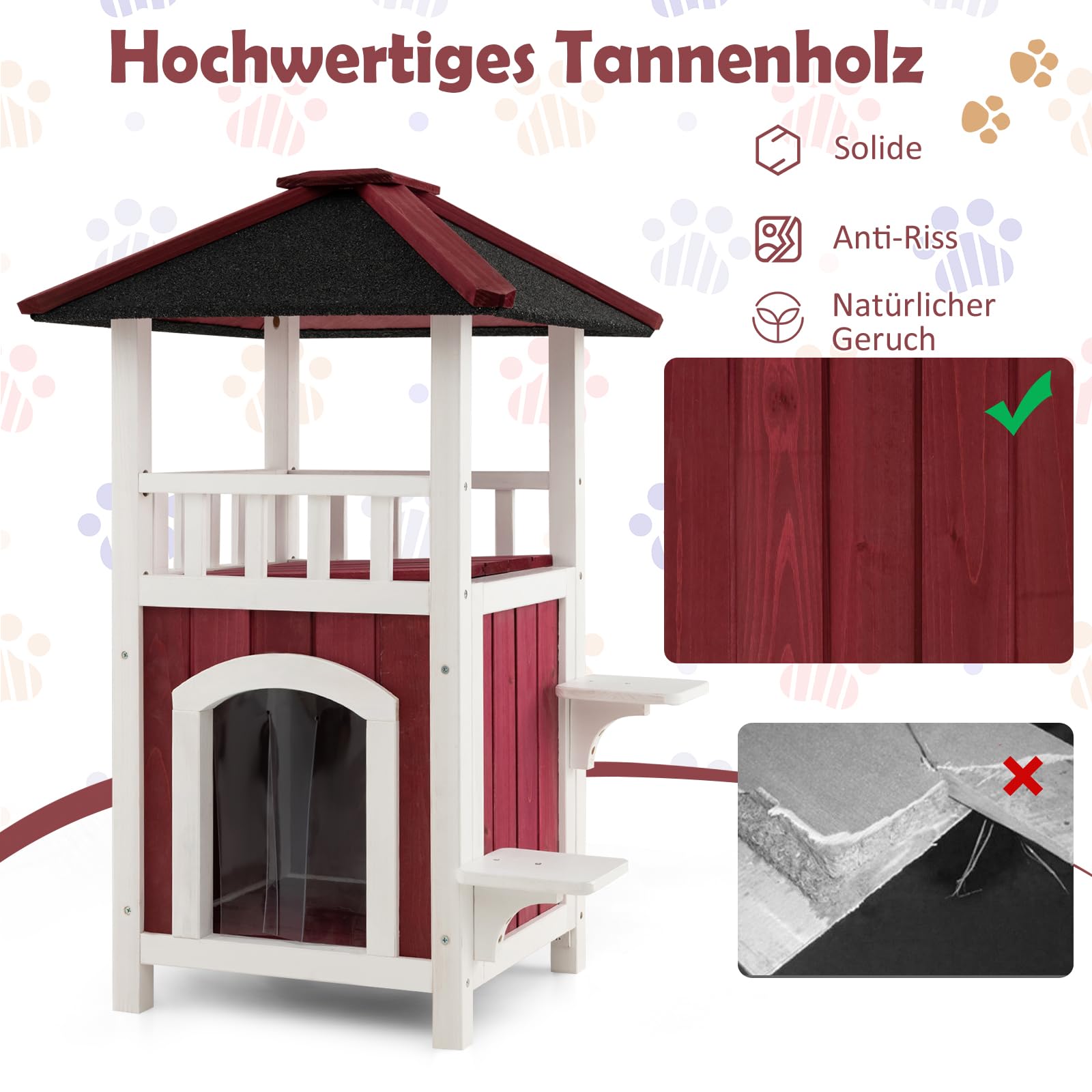 COSTWAY Domek dla kotów do użytku na zewnątrz, odporny na zimę, domek dla kotów z 2 poziomami, domek dla kotów z tarasem, dachem asfaltowym, zasłoną i 2 wieżami do skakania, domek dla kotów na