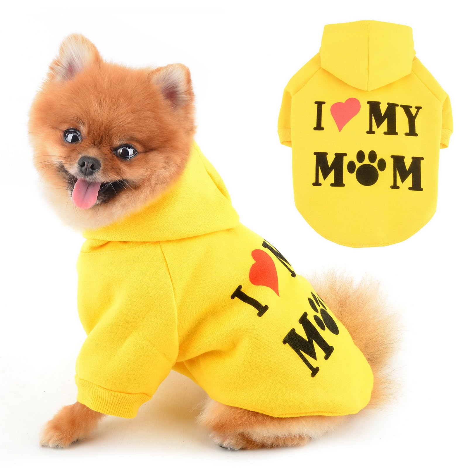 PAIDEFUL Warm Fleece Dog Coat for Small Dogs Soft Windproof Doggy Hoodie Fashion Puppy Sweatshirts with I Love My Mom Printed Thermal Pet Jacket Short Sleeve Cat Clothes Leash Hole,Yedllow,XL
