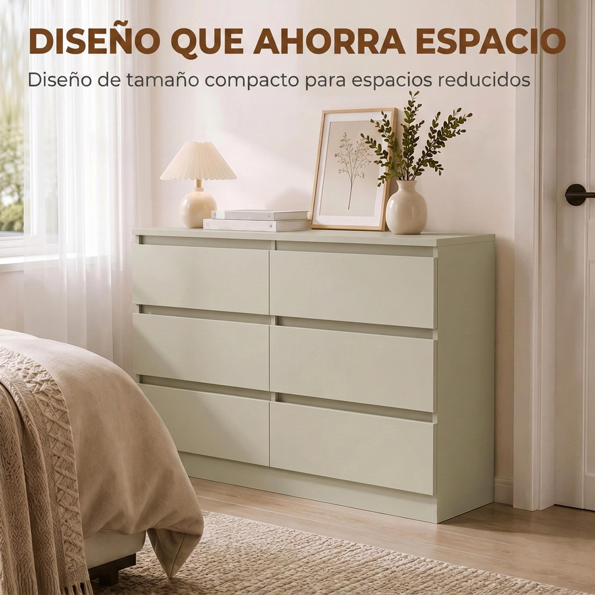 HOMCOM Cómoda de 6 Cajones para Dormitorio 100x35x69 cm Marrón Claro