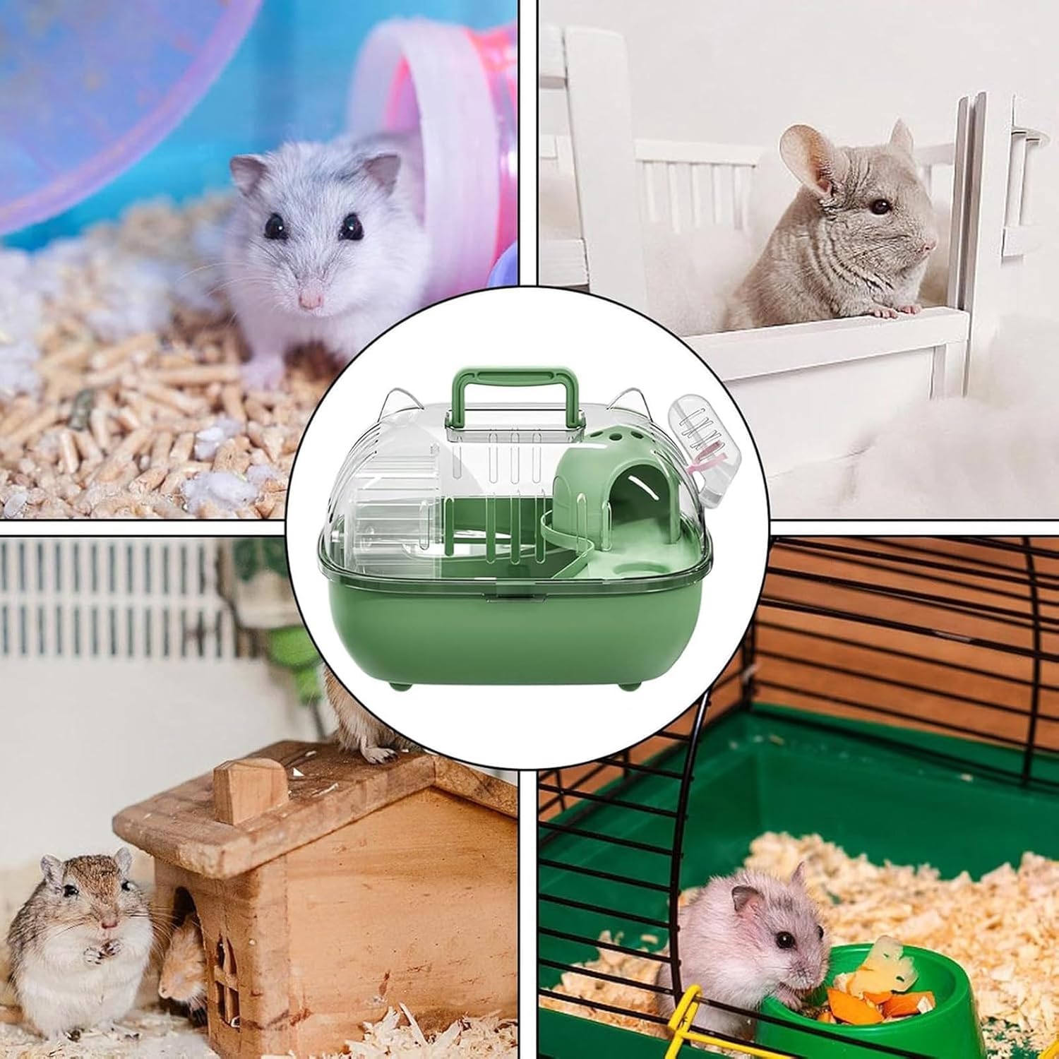 2026 Upgrade Portable Hamster Travel Carriers Cage, Outdoor Small Pet Breathable Cage, Adjustable Pet Outgoing Cages, Multifunctional Carriers Boxes for Gerbil Hedgehog Mice Squirrel (Green)