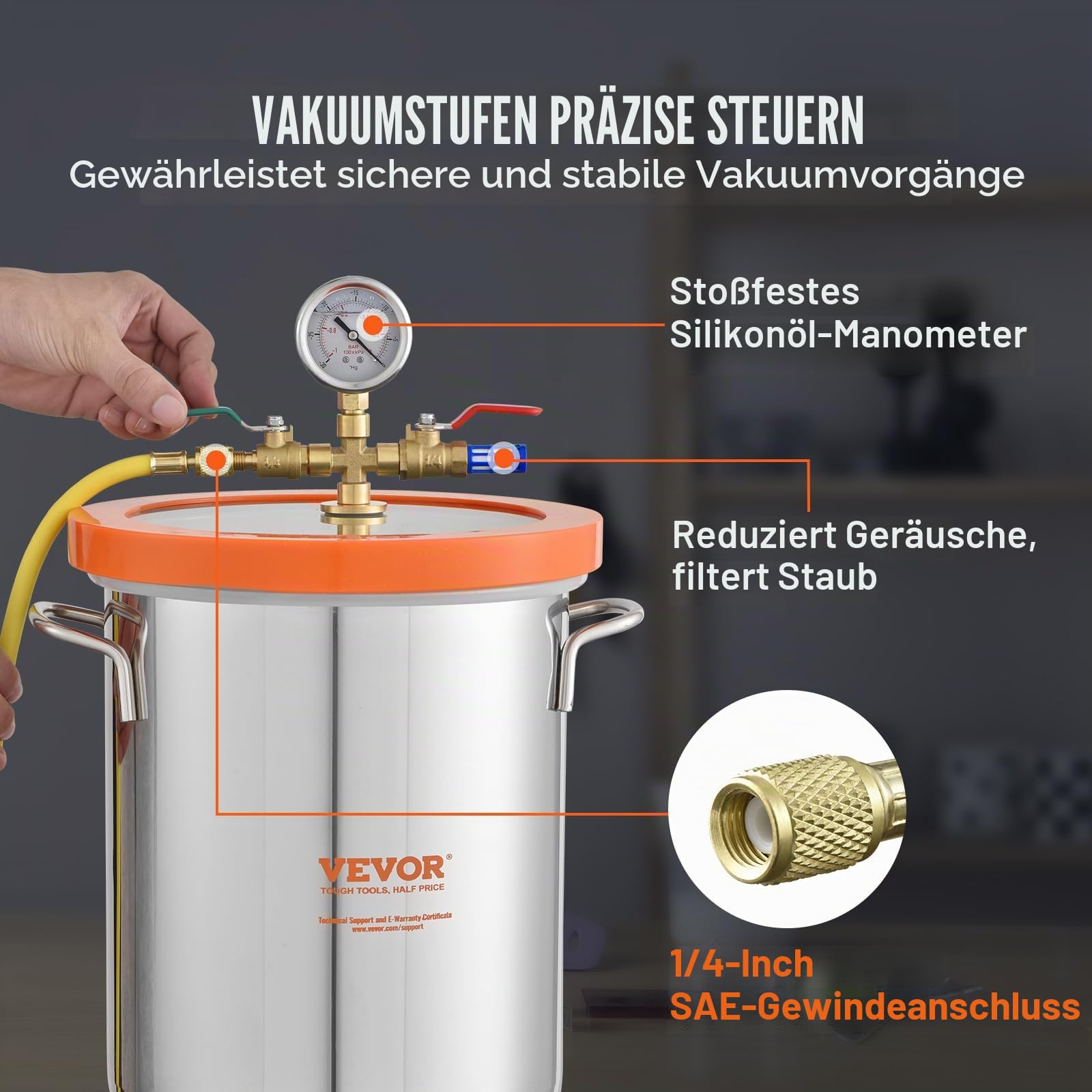 VEVOR 19 L Vakuumkammer Edelstahl Vakuum Entgasungskammer (Durchmesser 28 cm, Höhe 30 cm) Unterdruckpumpe Vakuumkammer Ideal zum Stabilisieren von Holz und Entgasen von Silikon, Harz, Polyurethan