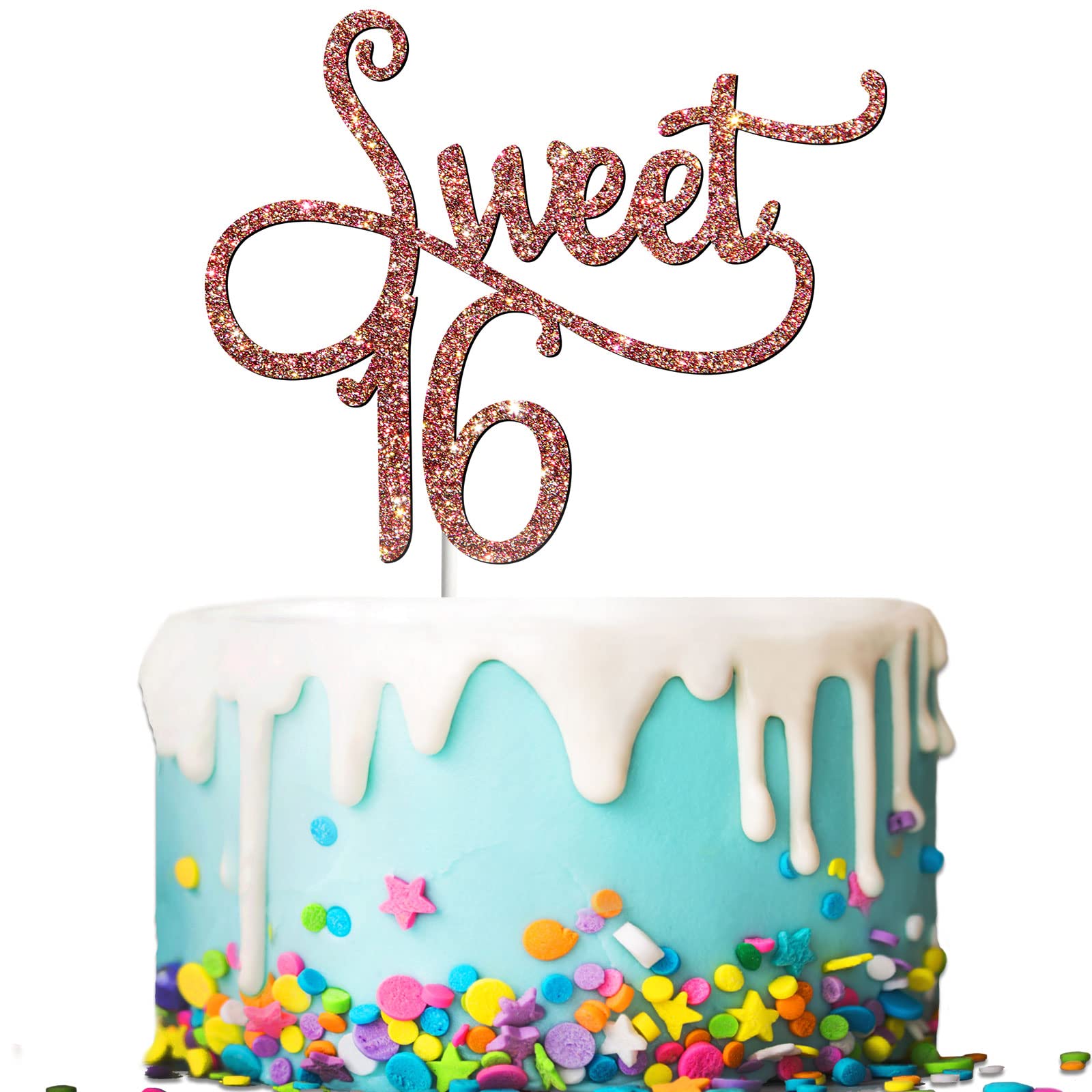 Tenhaisi Glittery Rose Gold Sweet 16 Cake Topper, Happy 16 Birthday Party Supplies, Sweet 16 Wedding Anniversary Party Decorations, Cheers to 16 Party Supplies