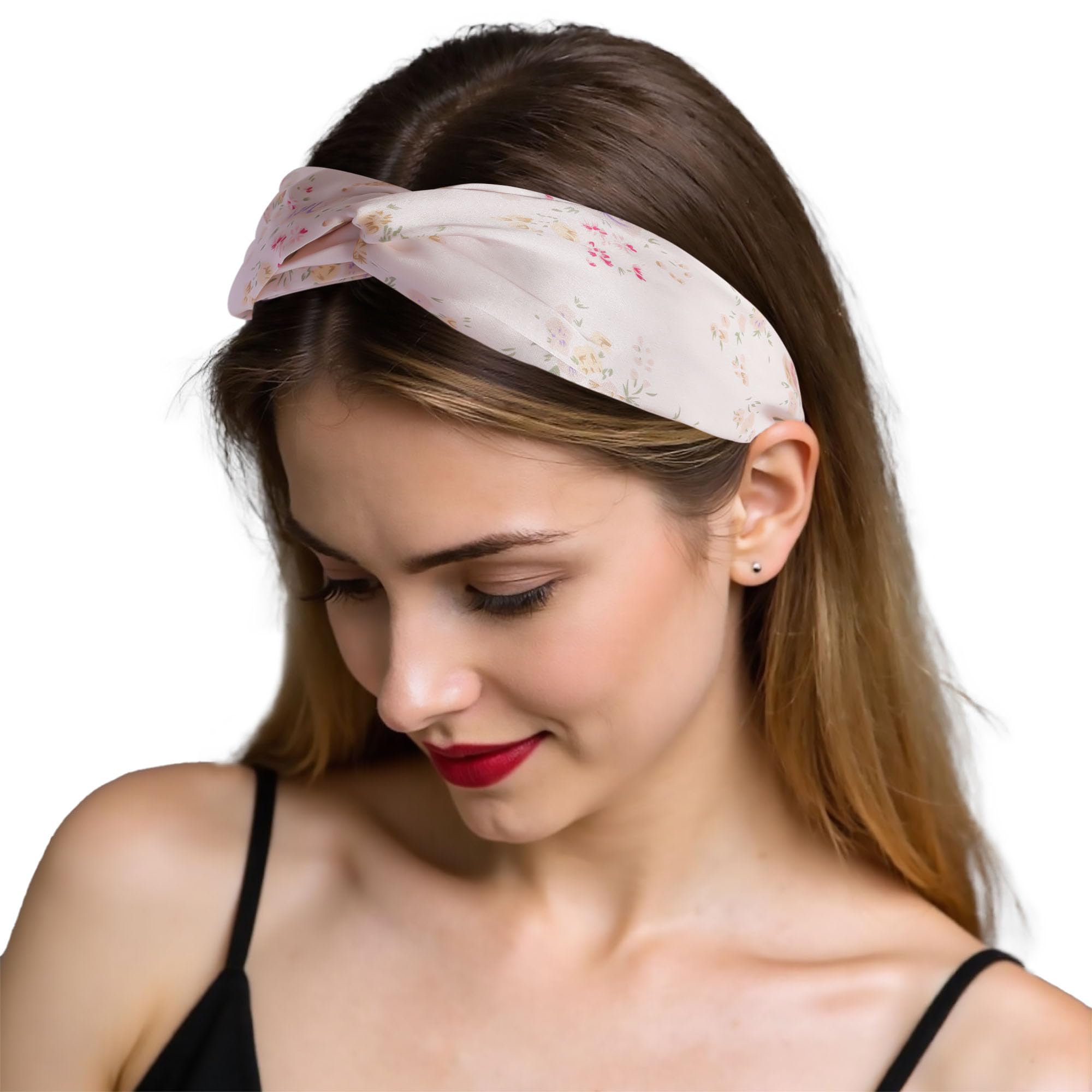 ZLYC Mulberry Silk Headband Elastic Twist Knotted Head Bands for Women's Hair(Floral Light Pink),One Size