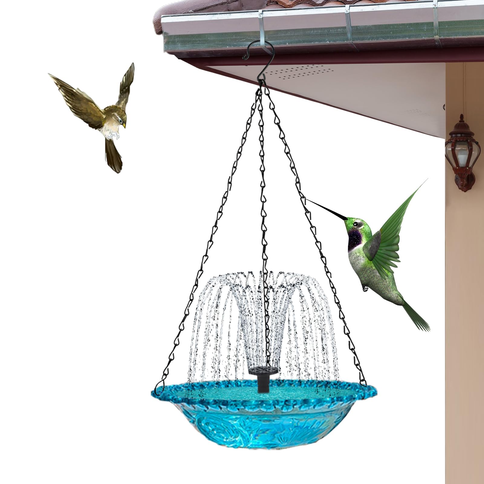 Mangeoire Et Bain Oiseaux Solaire SOARS - 43x110 Cm, 2 Lampes, Effet Bronze Vert, Pour Jardin Et Balcon