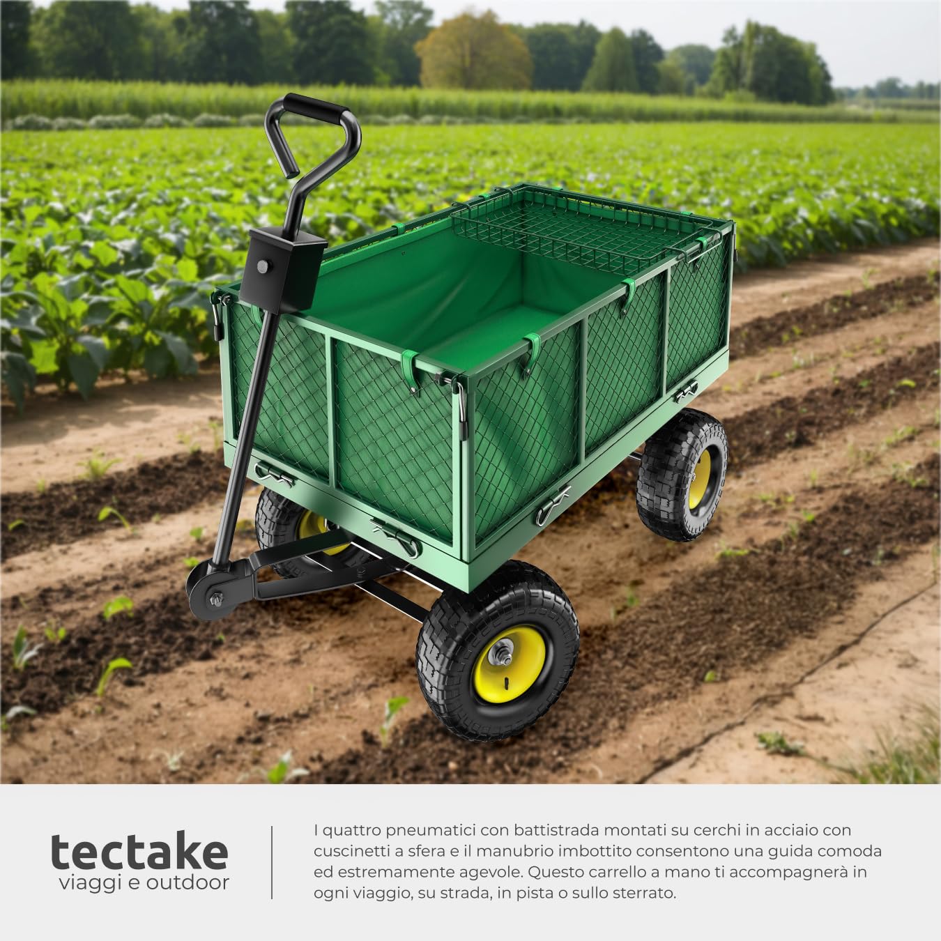 tectake® Carretto Carrello a Mano da Trasporto, Carrello porta attrezzi, Carrello da Giardino, Carrello Trasporto con Ruote, Giardino, carrello porta legna con ruote