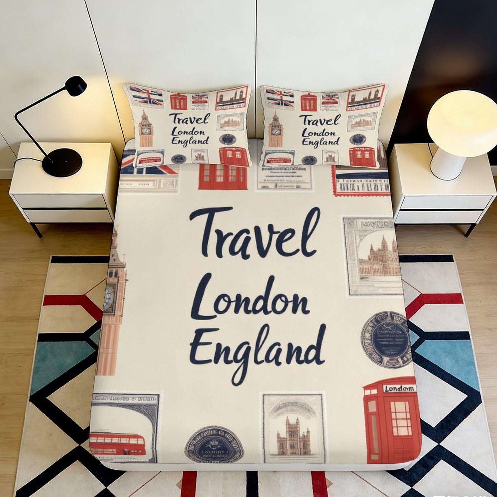 3D Printed London Travel Fitted Sheet Microfiber Soft Breathable England Landmark Bed Cover for Bedroom Guest Room Decor 200x200x25cm