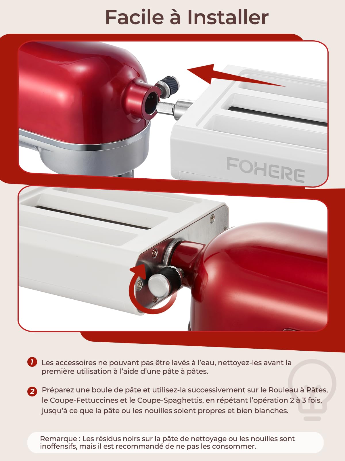 FOHERE 3-en-1 Accessoires pour Machine à Pâtes pour KitchenAid Robot Pâtissier, Comprend Rouleau à Pâtes, Coupe-Fettuccines, Coupe-Spaghettis et Brosse à Nettoyage (7 épaisseurs Réglables)