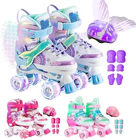 Patins Infantil 4 Rodas Ajustável Rodinha Led Sereia + Kit Proteção
