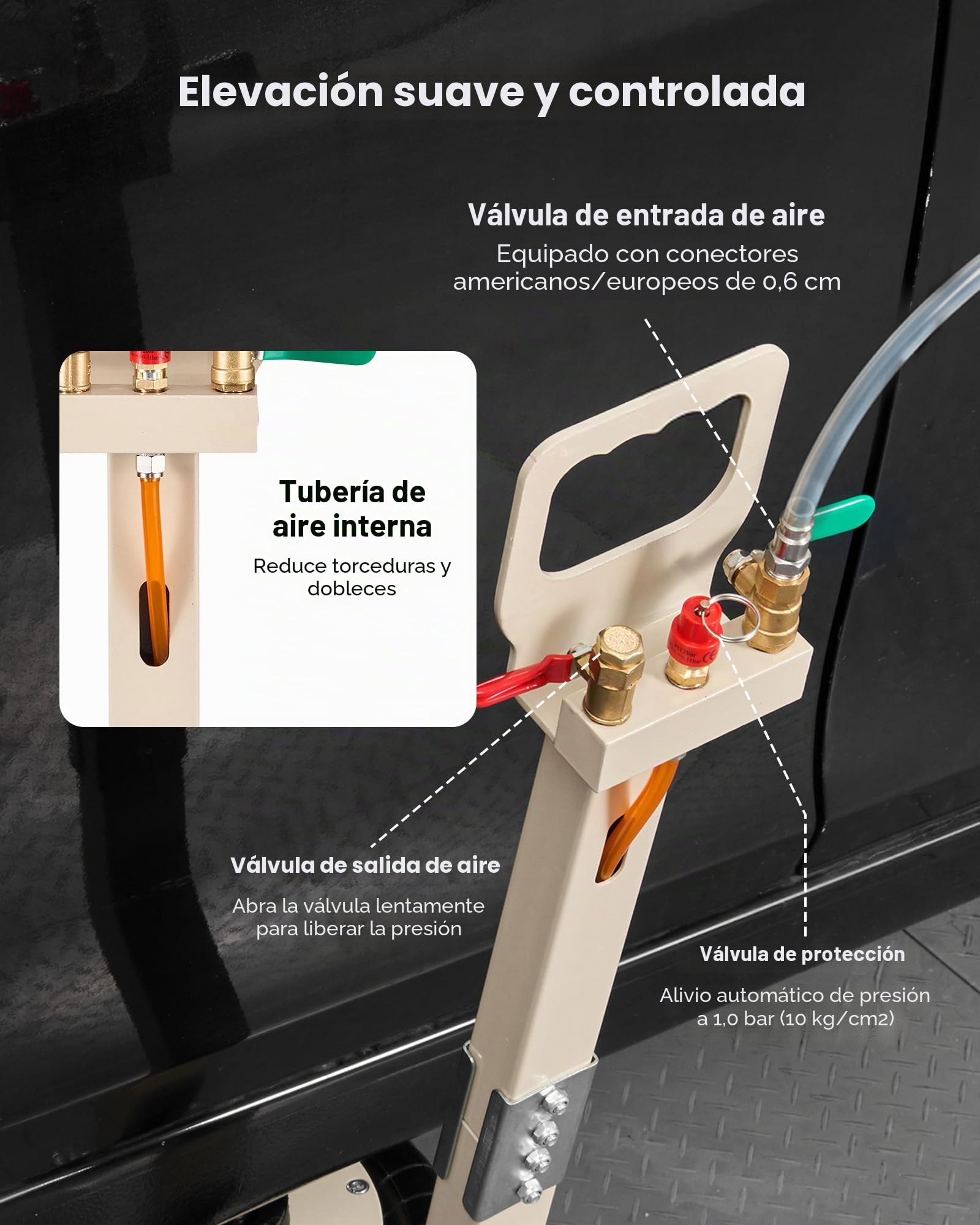 VEVOR Gato Neumático para Coches 3 T, con 6 Tubos de Acero y Manivela Ajustable, Altura de Elevación 140 a 450 mm, para Cambios de Neumáticos y Reparaciones de Vehículo, 1100 x 268 x 140–450 mm