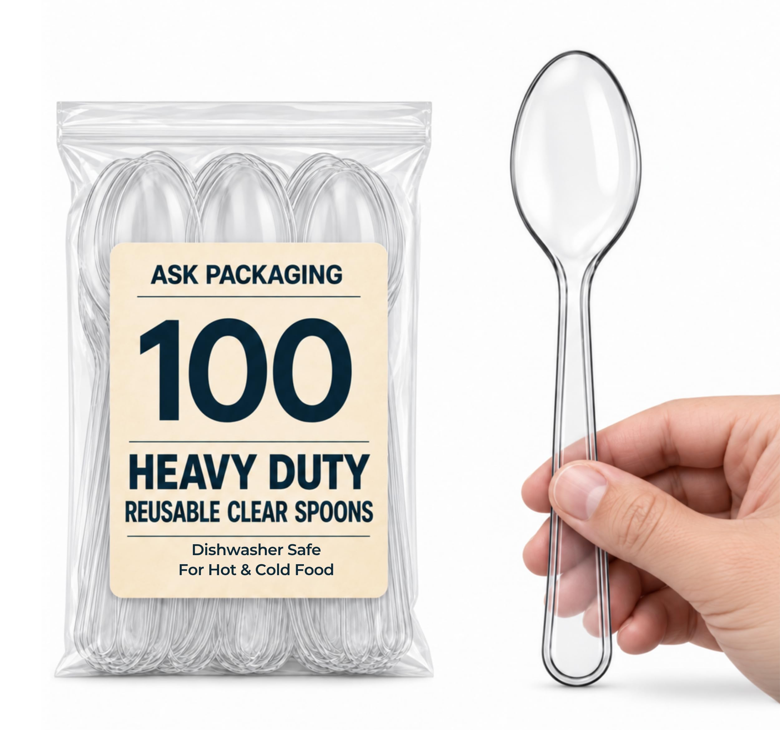 100 Pack Heavy Duty Clear Spoons – Re-usable & Dishwasher Safe