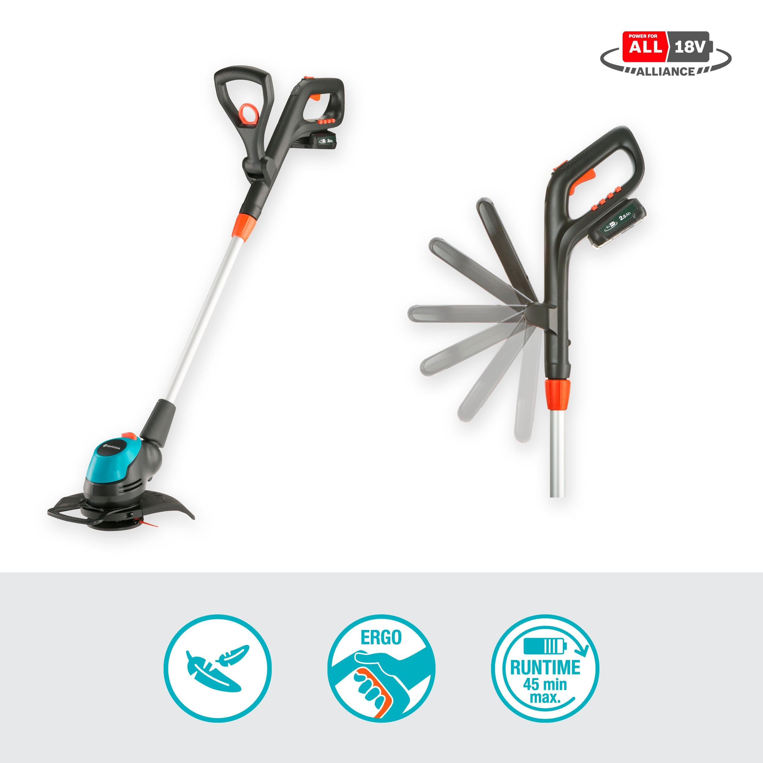Gardena Akku-Rasentrimmer EasyCut 23/18V P4A Ready-to-Use Set: Leistungsstark, Leichtgewicht, Teleskopgriff, Neigbarer Trimmerkopf, Kabellos (14700-20)