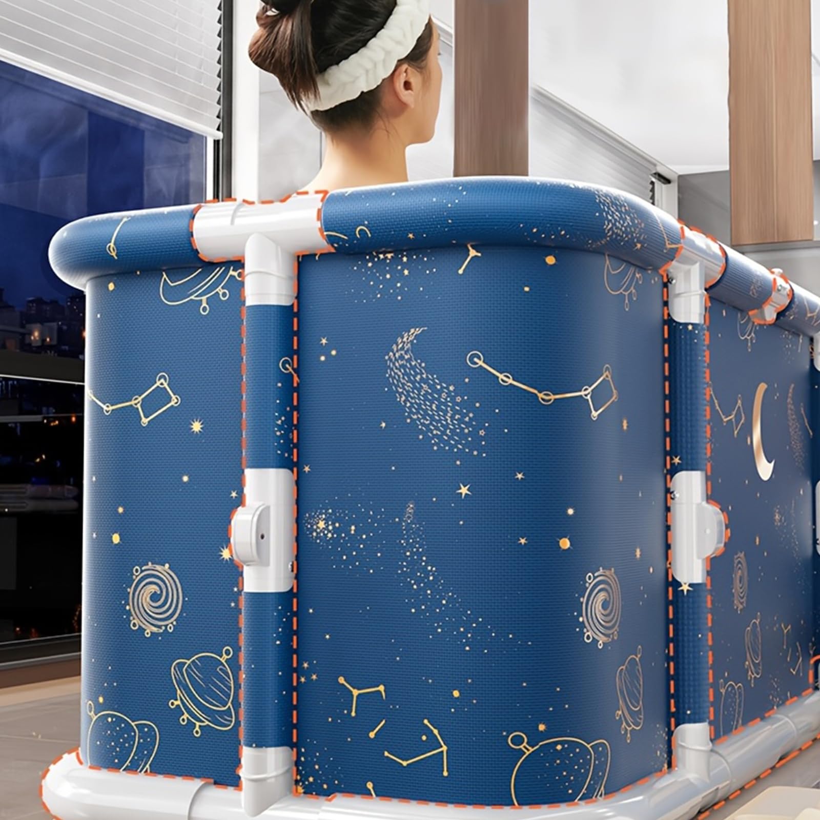 Faltbadewanne 120x60x50cm für Erwachsene, Mobile Badewanne mit 7 Isolierschichten & Stabilem Rohrrahmen – Auslaufsicher, mit Seitlichem Ablauf & Komfortkissen