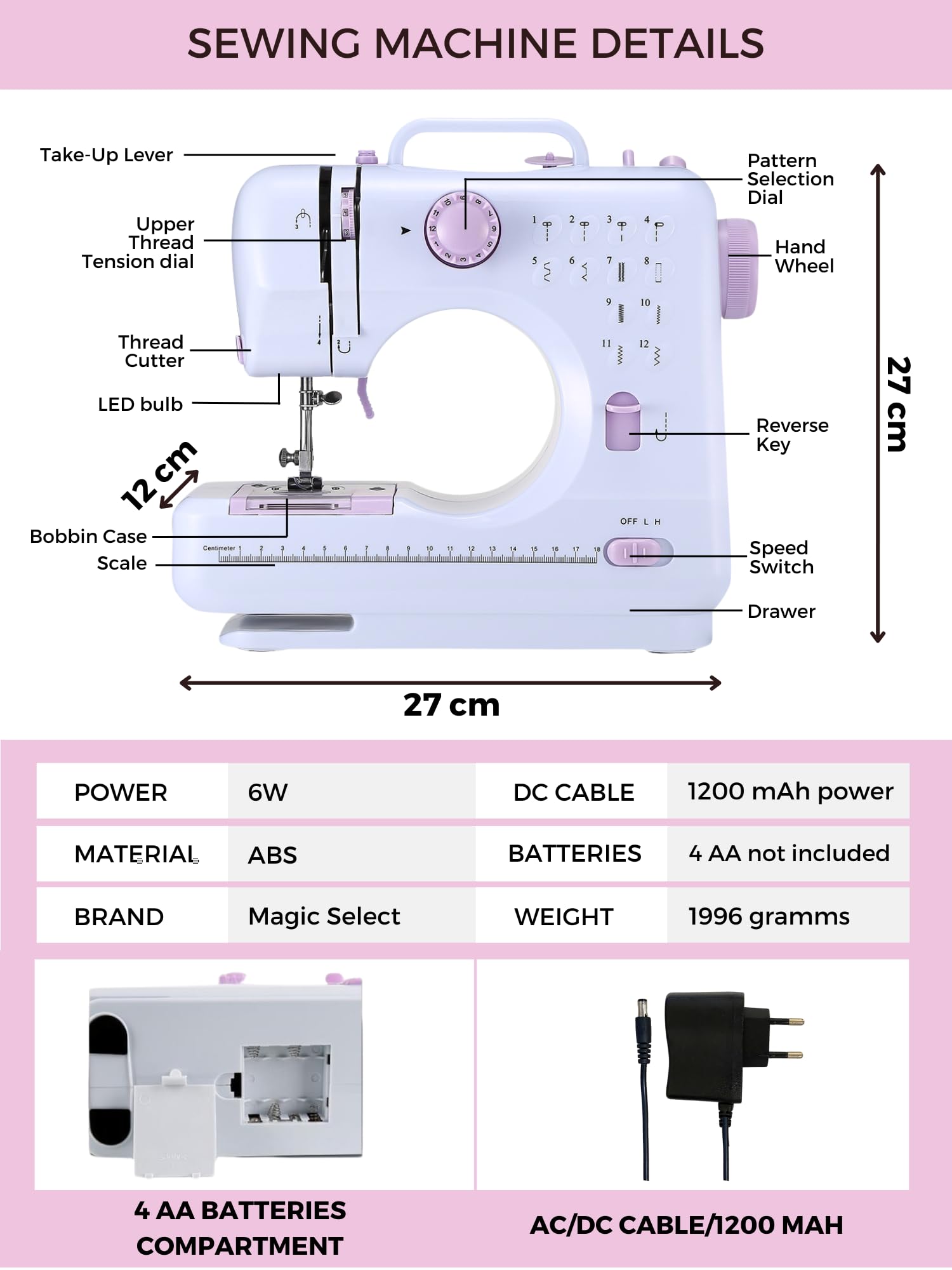 MAGIC SELECT Máquina de Coser Portátil con 2 Velocidades y 12 Puntadas | Pedal Incluido, 2 Carretes, Aguja de Recambio, Cortador de Hilo, Luz de Trabajo, Funciona con Cable o Pilas AA
