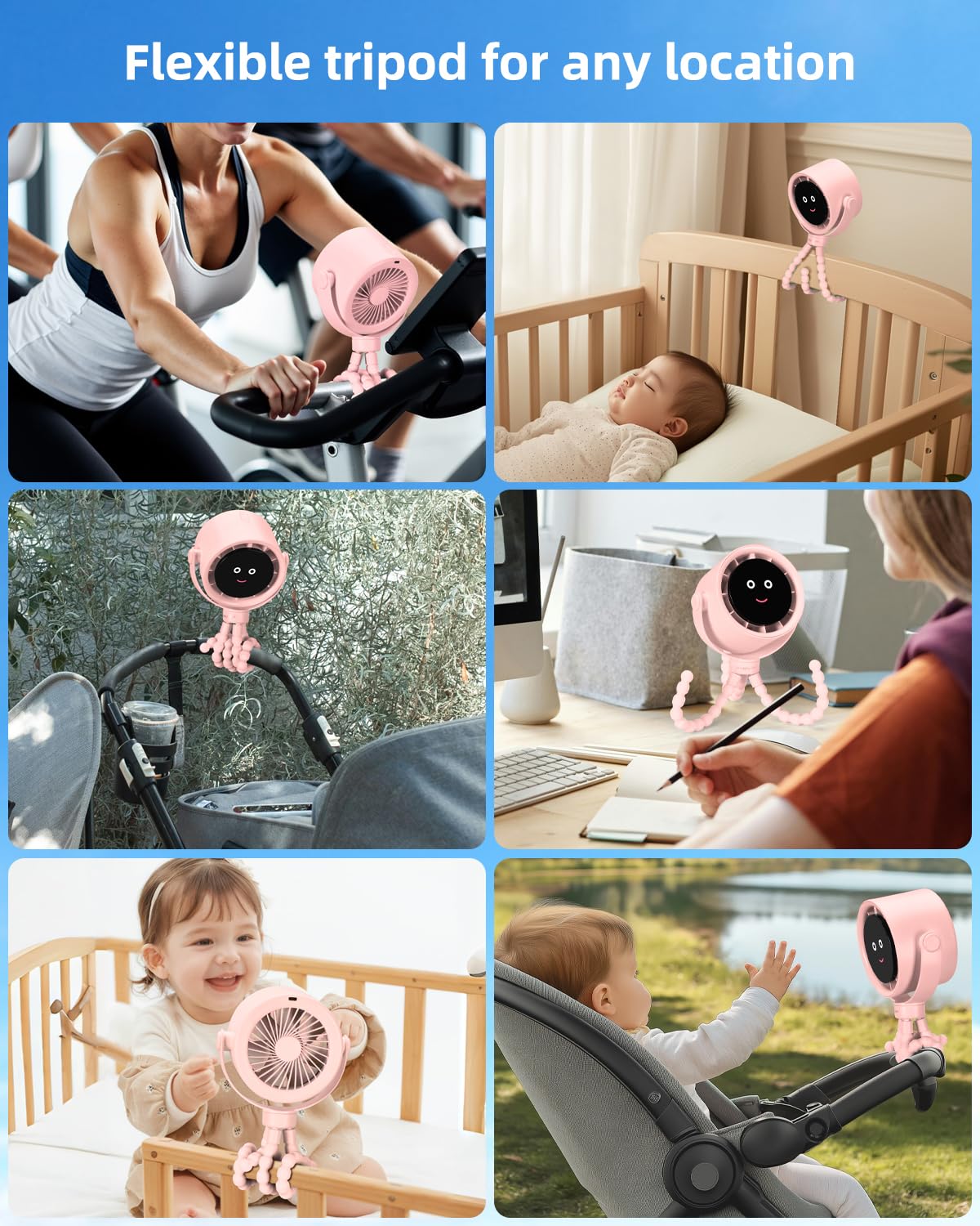 Akejrym Ventilatore per passeggino portatile, ventilatore personale da viaggio, Air Turbo Tech e display digitale, rimovibile a 5 velocità, ricaricabile, rotazione a 360°, treppiede flessibile, per