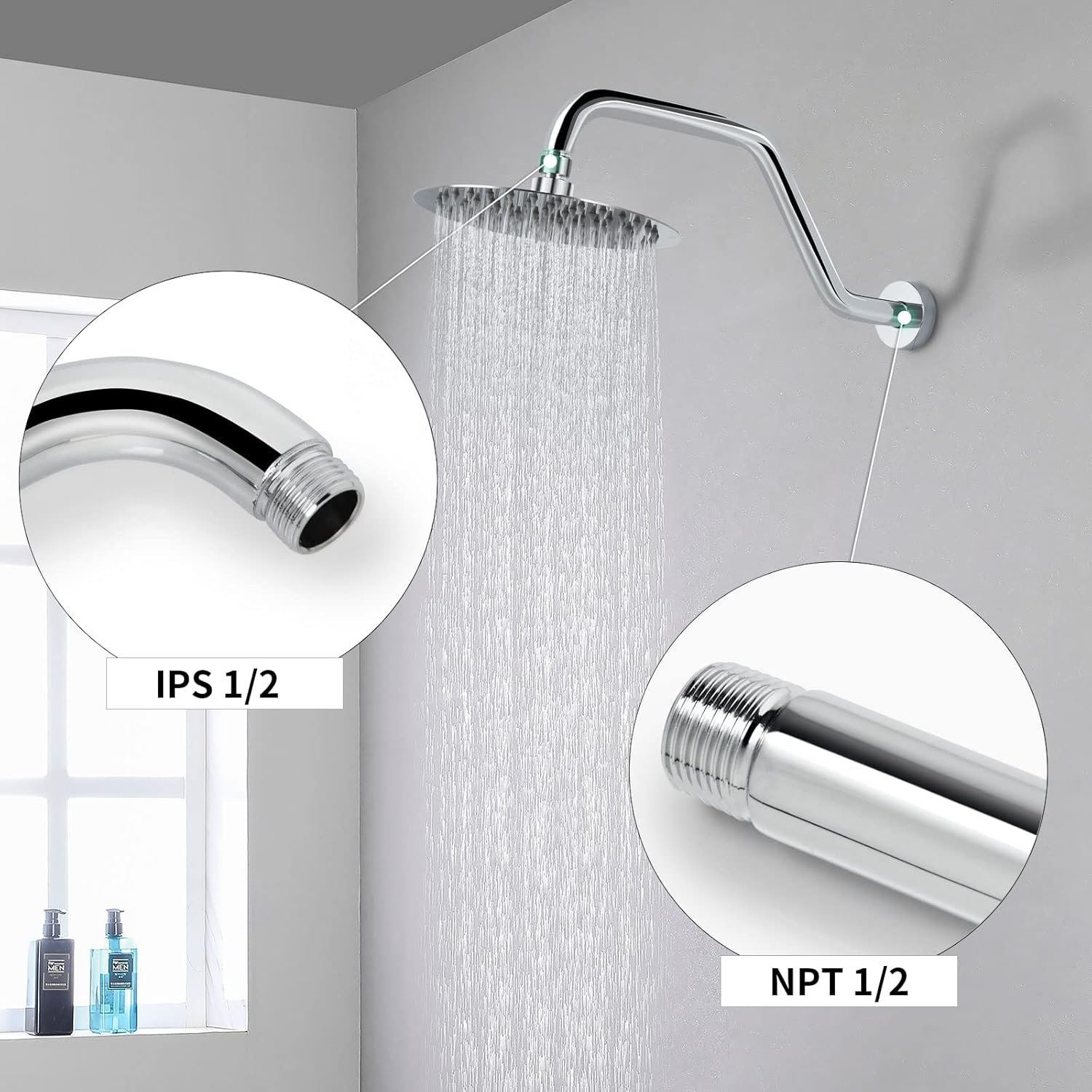 High Rise Shower Arm with Flange,15.5 Inch Gooseneck Shower Arm Extension,Stainless Steel S Shaped Shower Showerarm,Chrome,9Z1MK