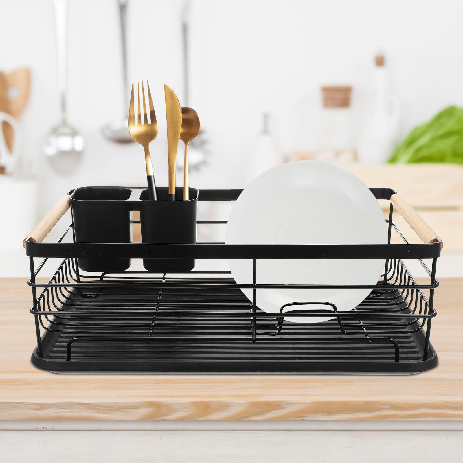 DOITOOL Escurridor Bandeja Gran Capacidad de de Hierro Platos Negro y de Drenaje Extraíble Soporte Diseño Funcional para Encimera de Cocina para Cubiertos