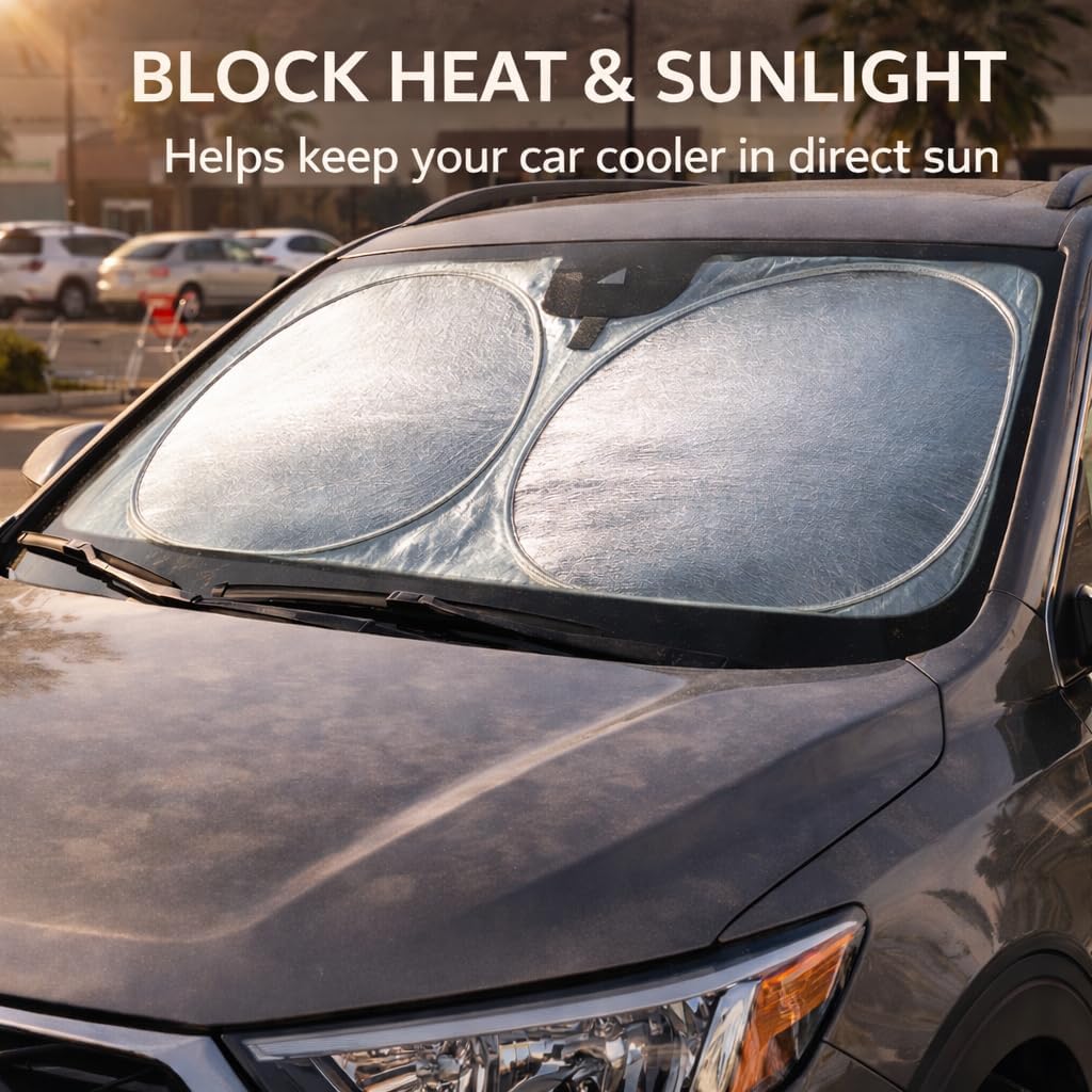 Car Windshield Sun Shade, Helps Keep Your Car Cooler, Blocks Heat & UV Rays, 64 x 32 in Front Windshield Sunshade with Mirror Opening, Thickened 240T Reflective Fabric, Fits SUVs Trucks
