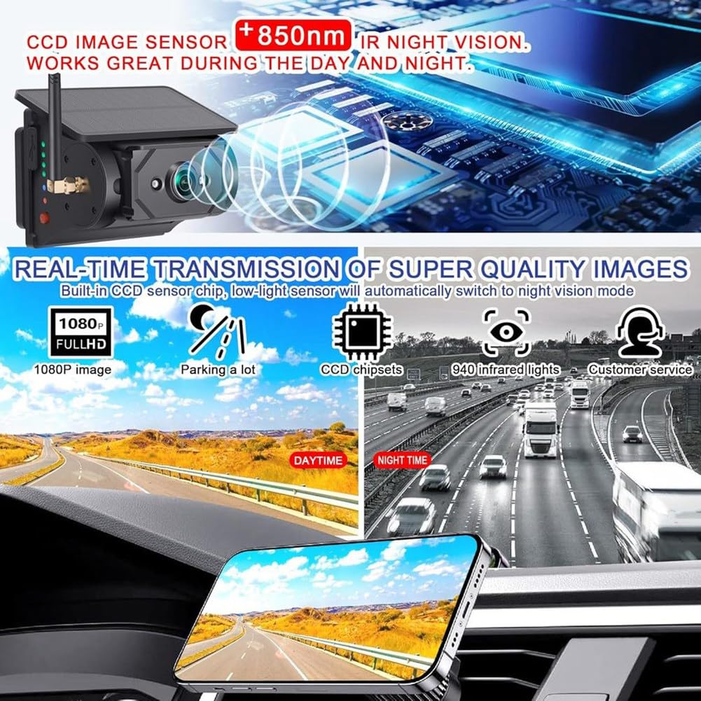 Cámara de Visión Trasera Inalámbrica con Energía Solar para Enganche de Remolque de Caravana o Remolque para Caballos, con Aplicación WiFi para Teléfonos Móviles para Android e iOS