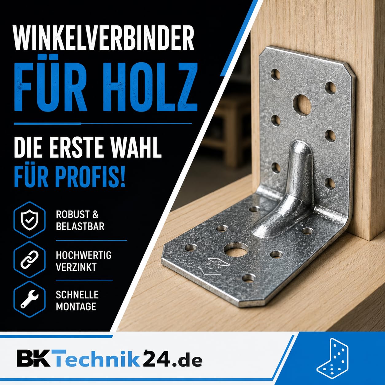 BKTechnik 100x Schwerlast Winkelverbinder 50x50x35x2 mm verzinkt mit Sicke – Lochwinkel Balkenwinkel Holzverbinder aus Stahl für Holzbau, Möbel, Regal, Dachkonstruktion, Montagewinkel Set Silber