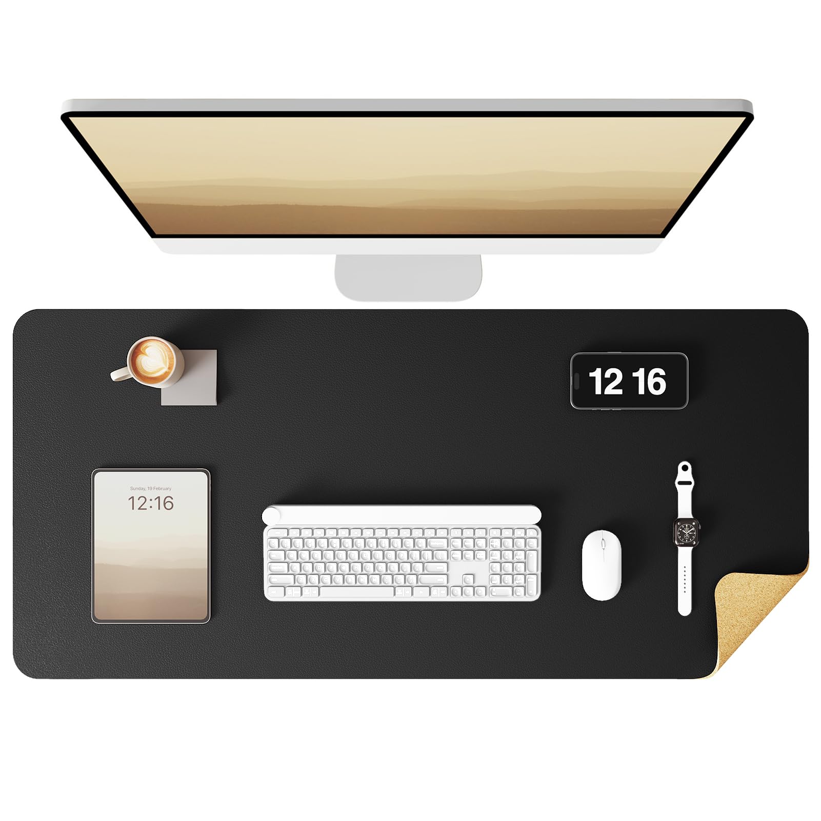 YSAGi Double-Sided Desk Pad, 31.5"x15.7"Leather Desk Mat, Eco Cork Desk Pad Protector,Large Mouse Pad,Waterproof Desk Blotter for Office/Home(Black)