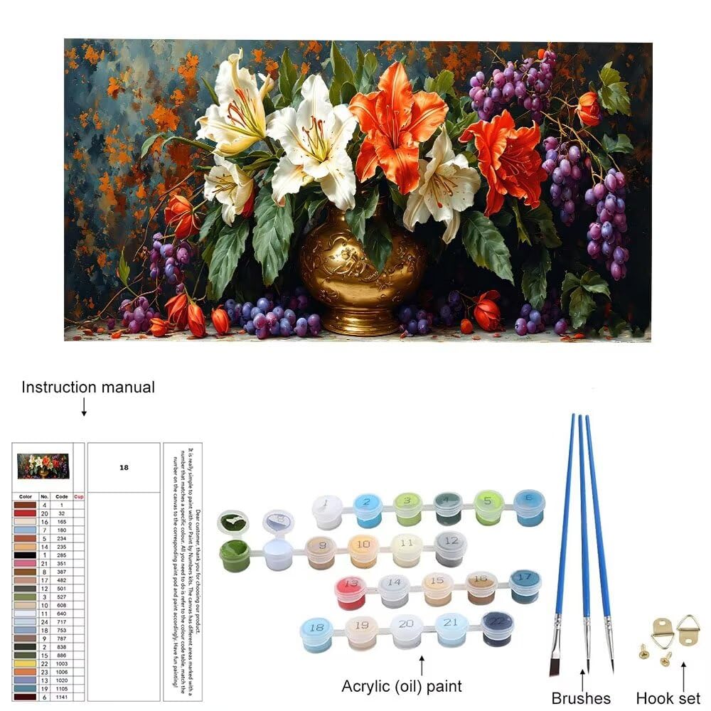 Malen Nach Zahlen Erwachsene xxl, Paint by Numbers Malen Nach Zahlen Blumen Vase, DIY Geschenk Art mit Pinseln und Acrylfarben Handgemalt Ölgemälde Leinwand für Home Décor, Ohne Rahmen 80x160cm W-849