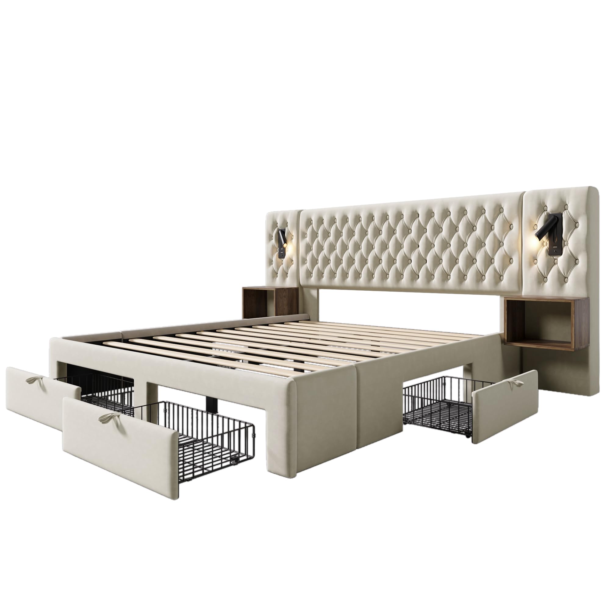 Cama doble tapizada 160x200 cm, 2 mesitas de noche, 4 cajones, cabecero de lectura USB, 243x211x106 cm, color gris
