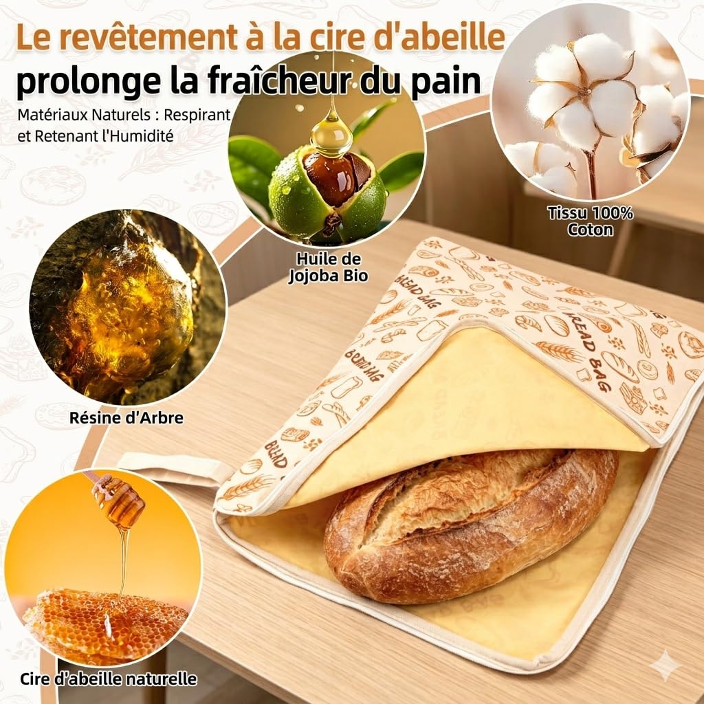 AHJ Sac à Pain en Cire d’Abeille avec Fermeture Éclair, Lot de 2 Sacs Réutilisables 43 x 33 cm, Conservation du Levain Maison, Baguette et Produits de Boulangerie