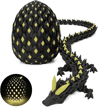 3D Printed Dragon Glow in The Dark with Matching Egg 10.63in Articulated UV Reactive Crystal 3D Dragon Set, Flexible Design, Collectible Display Model for Fantasy Lovers Yellowish Green