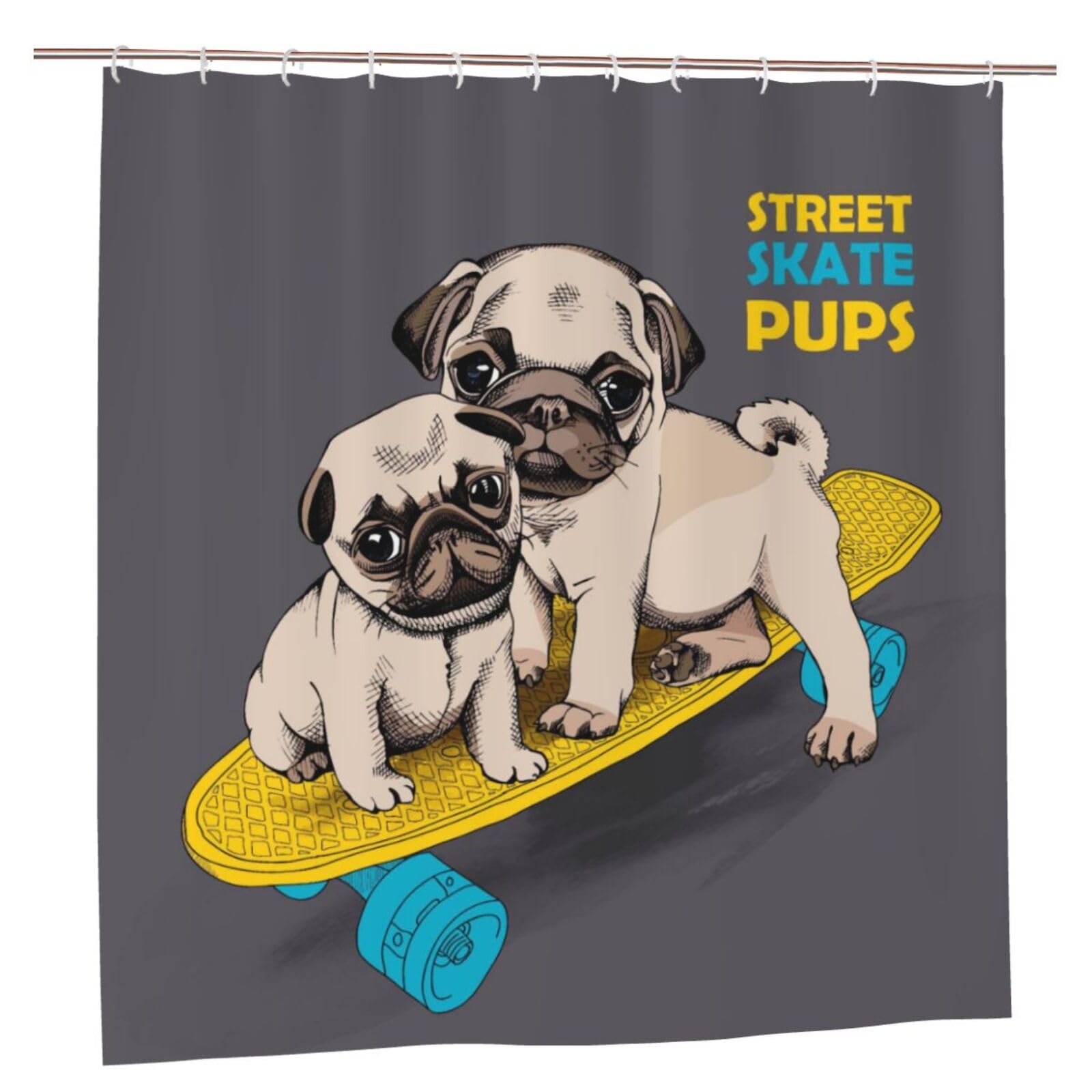 Oudrspo Polyester Fabric Shower Curtain - 70x70 Inch with Metal Grommets, Artistic Privacy Design, Pugs Puppies On A Skateboard