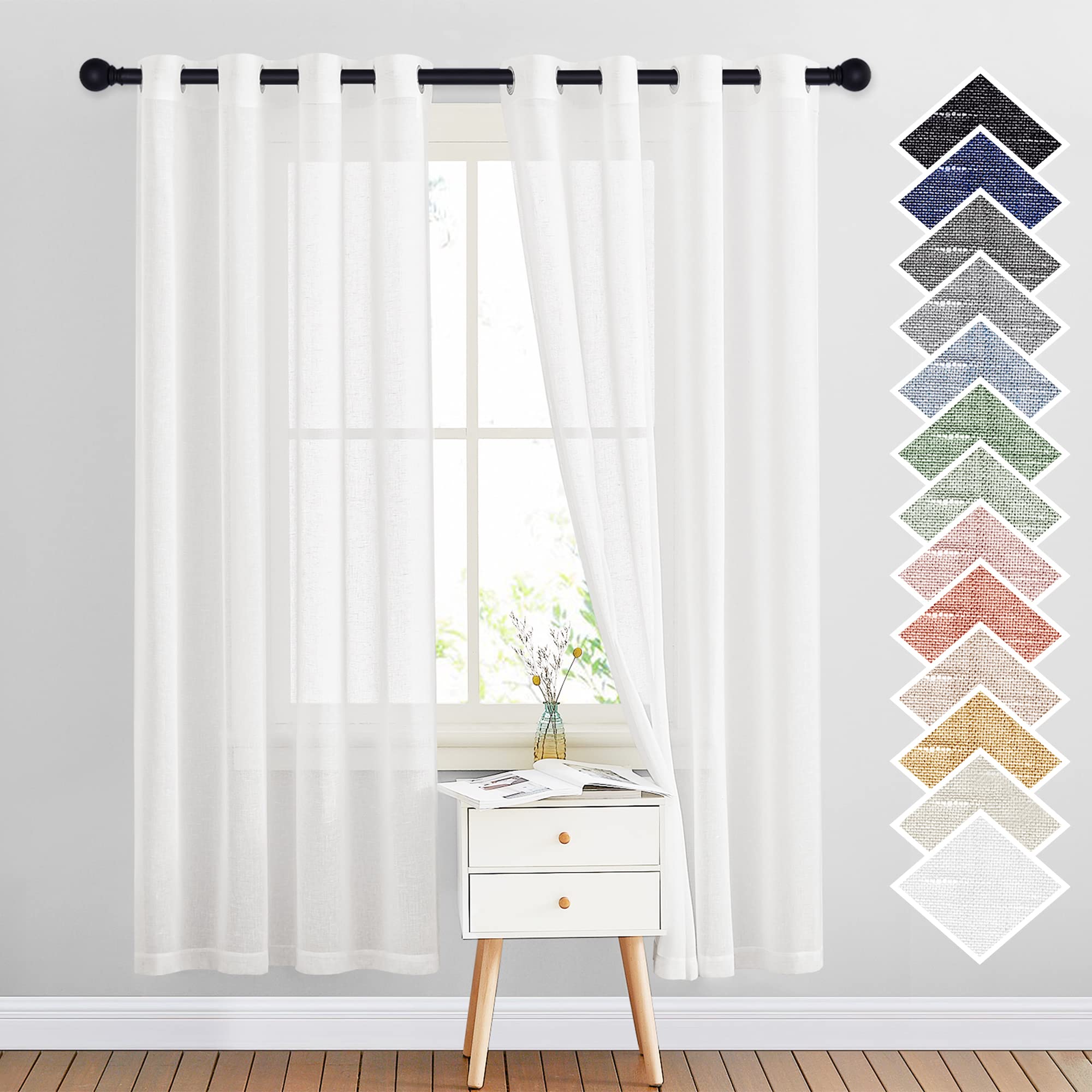 NICETOWN White Sheer Linen Curtains Flax Texture for Bedroom, Vintage Grommet Top Semitransparent Privacy Window Treatment Light Filtering for Living