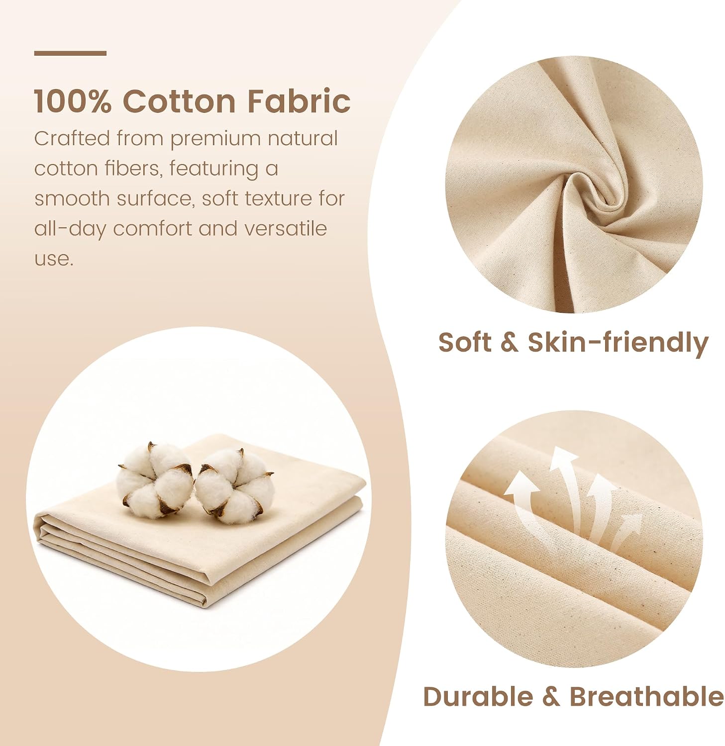 KUUP 100% Cotton Fabric by the Yard, 44" x 5 Yard Unbleached Muslin Fabric