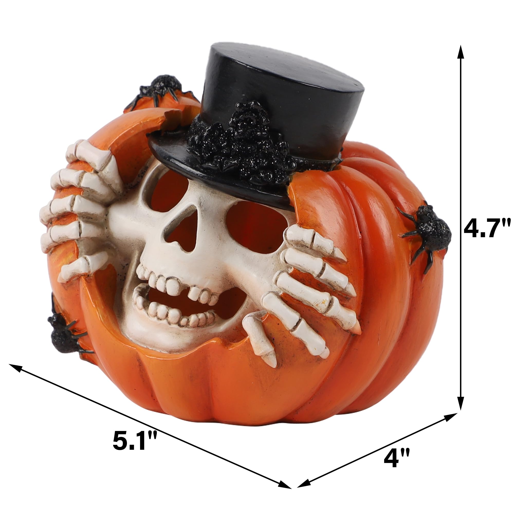 Prsildan Halloween Pumpkin Skeleton Decor-Light Up Spooky Skull Pumpkin Ornaments with Spider, Halloween Indoor Decorations for Tabletop Desk, Home Party, Office