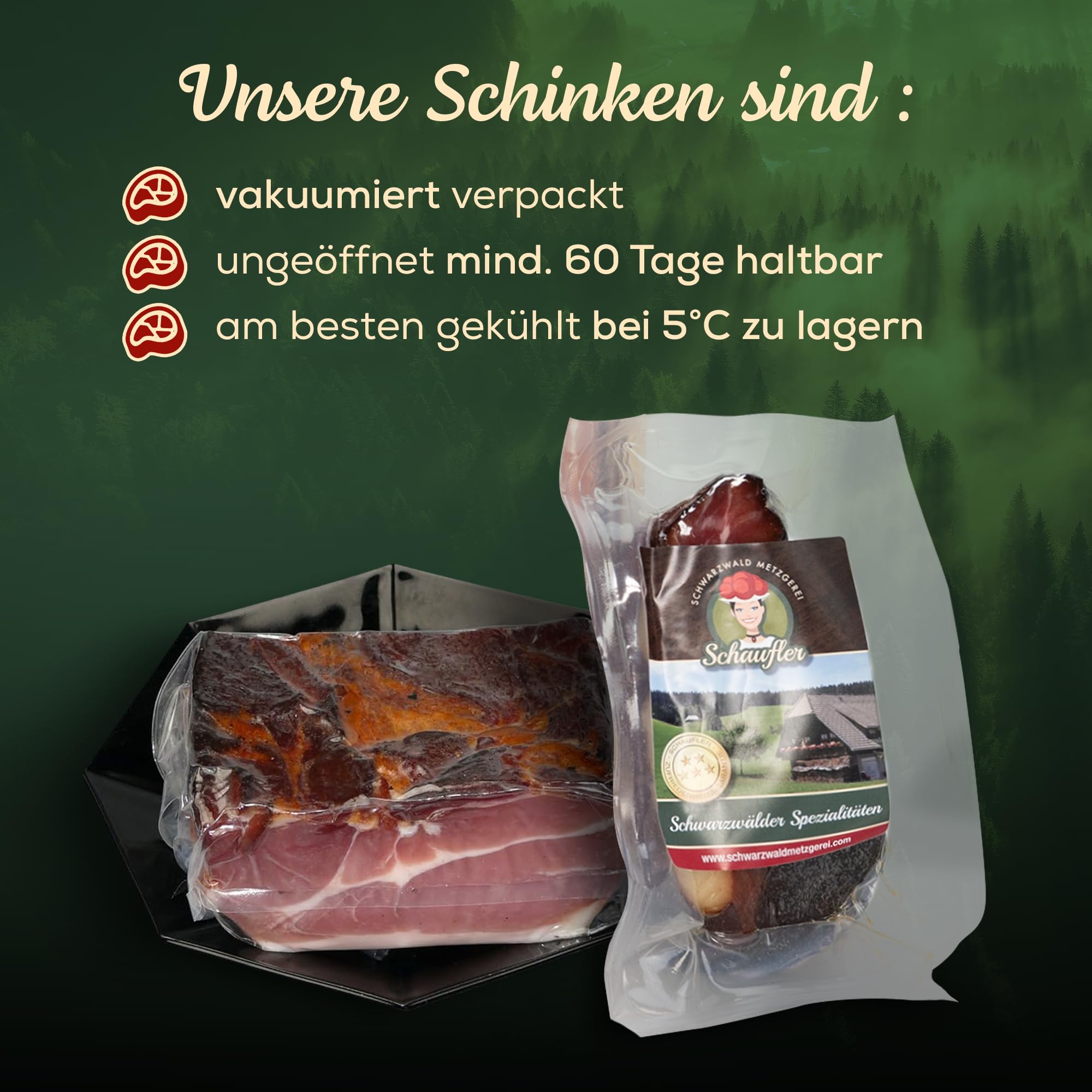 Schwarzwald Metzgerei – Schwarzwälder Schinken 2x 500gr am Stück mit herzhaft rauchigem Aroma – Räucherschinken nach Schwarzwälder Tradition über Tannenreisig und Tannenholz kaltgeräuchert