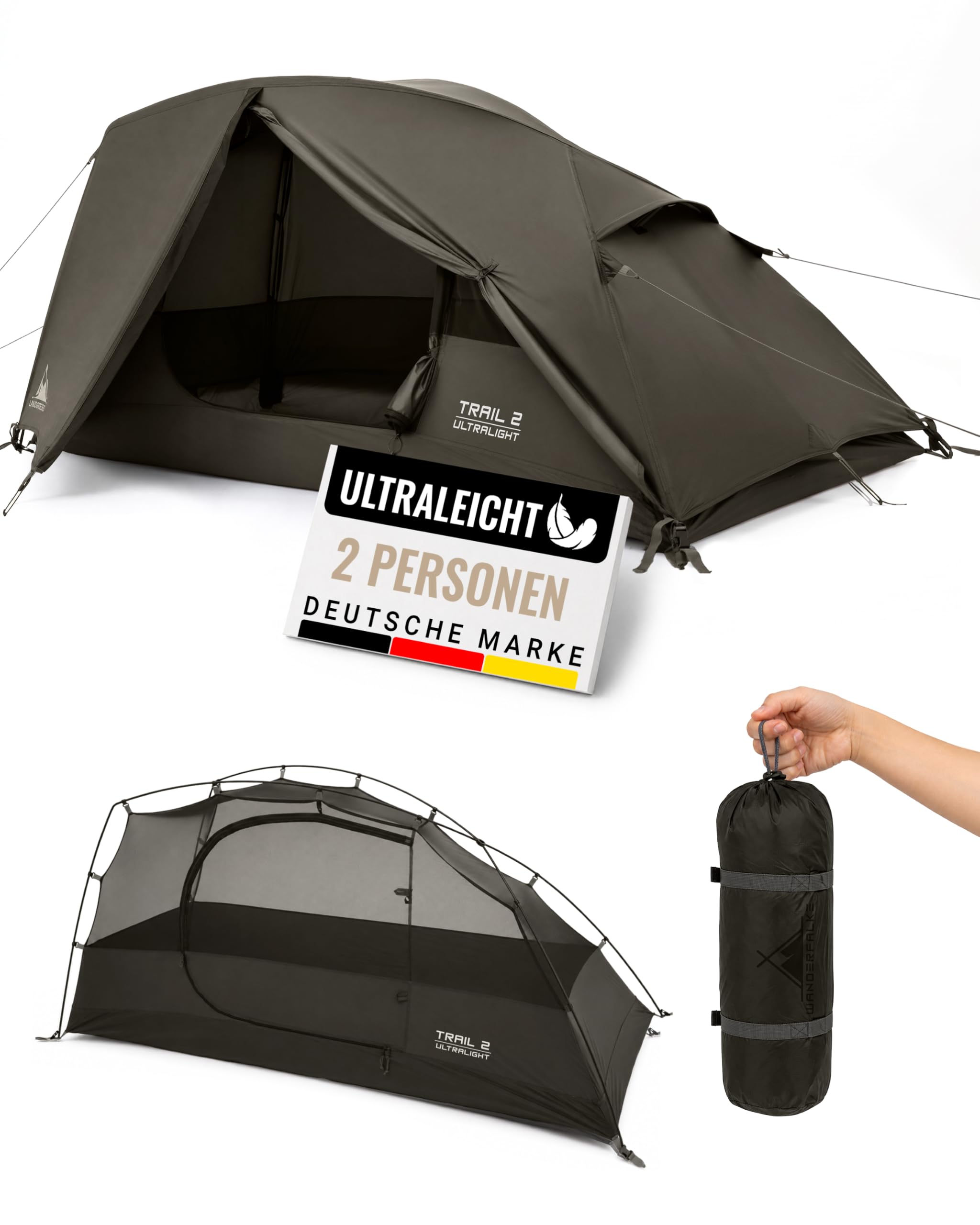 WANDERFALKE® Trail namiot dla 1-2 osób, ultralekki, mały rozmiar po złożeniu, wodoszczelny 4000 mm, lekki namiot dla 1-2 osób, namiot trekkingowy, ultralekki, lekki namiot outdoorowy na kemping