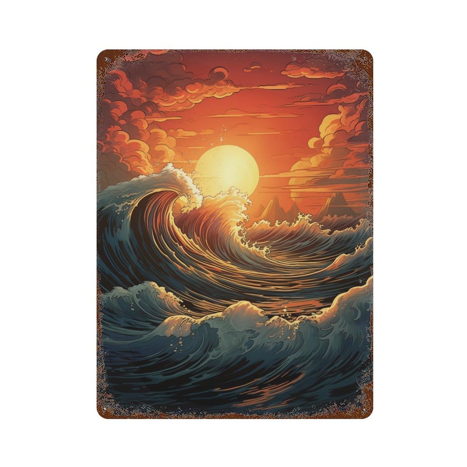 Ocean Waves Sunset Decorative Tin Sign 15.7"x11.8", for Bistro, Counter And Cafe Decor, Retro Wall Decor