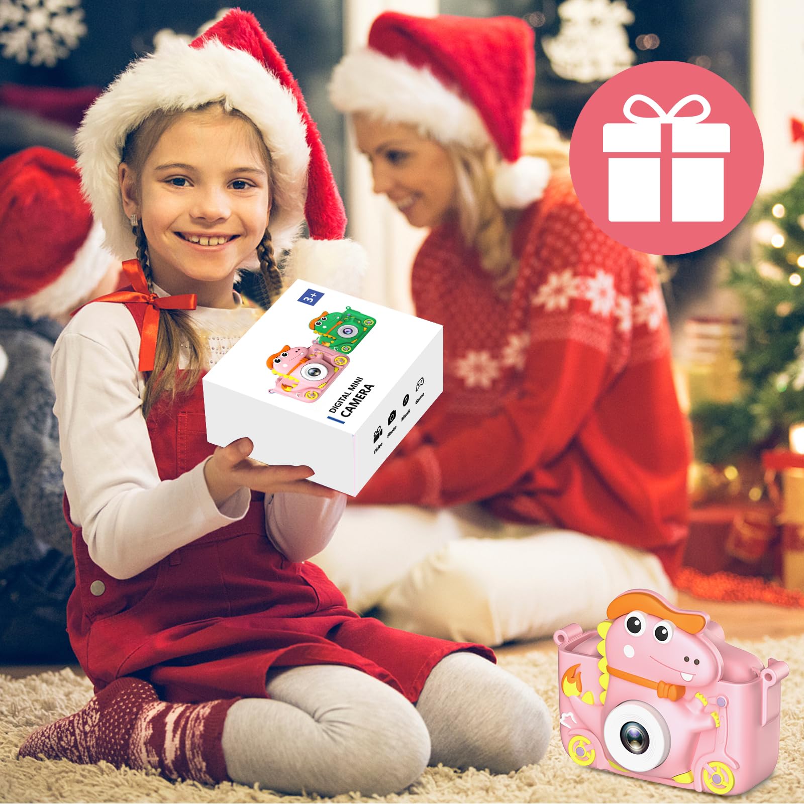 Macchina Fotografica Dinosauro per Bambini 2" 1080P HD Selfie 32G Regalo 3-12 Anni Giocattolo Rosa