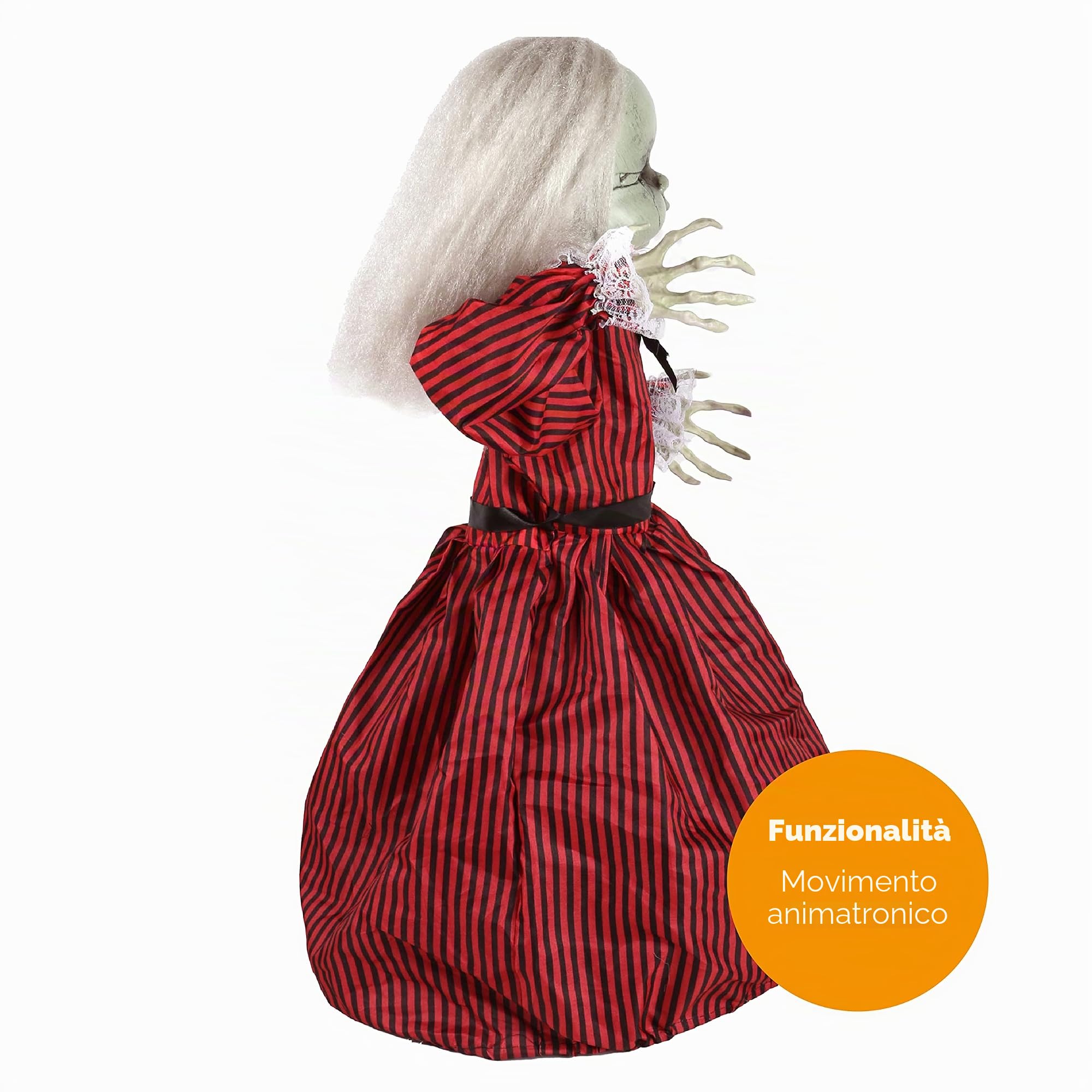 Animatronic - Bambola grande in vestito rosso e nero decorazione di Halloween, occhi rossi e effetti sonori – ruote motorizzate – puntelli di Halloween