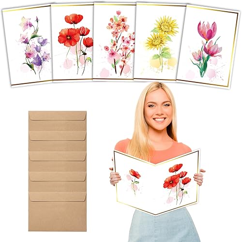 gisgfim 5 tarjetas de flores de acuarela jumbo, tarjeta de felicitación floral grande, diseños de lámina dorada con sobres, libro de invitados