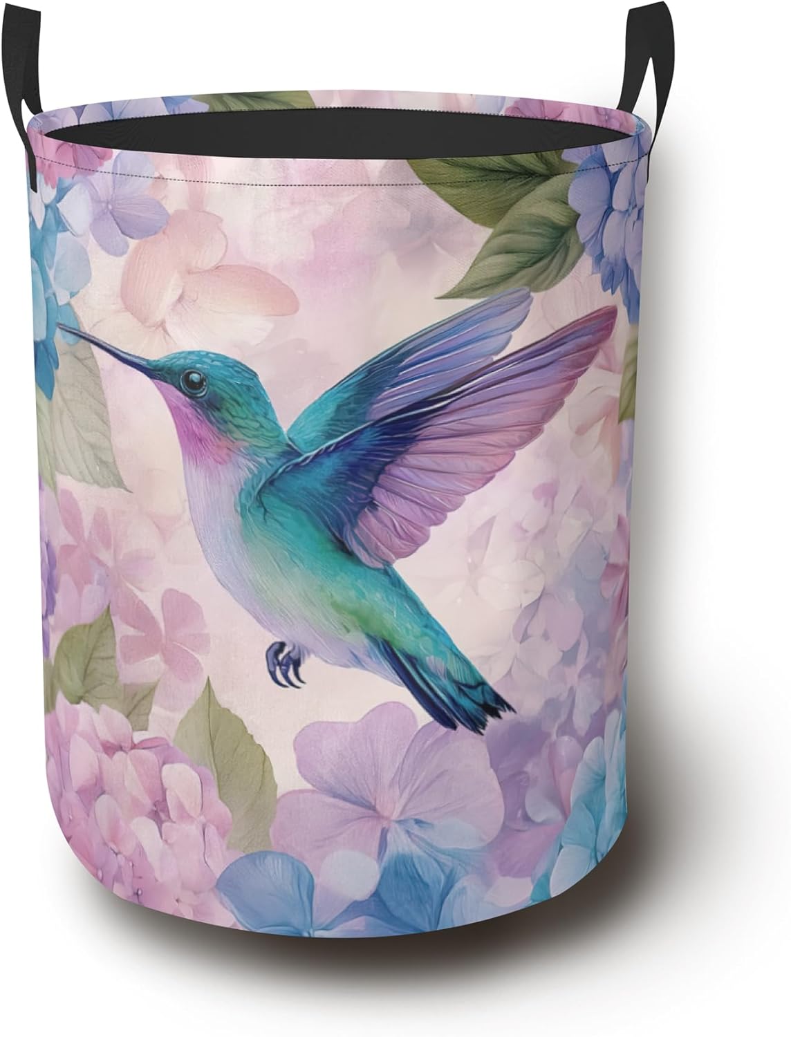 Hummingbird Laundry Hamper with Handles,Hydrangea Collapsible Waterproof Storage Basket for Dirty Clothes Books Round Organizer Bin for Bathroom Bedroom College Dorms 16" x 20.8"