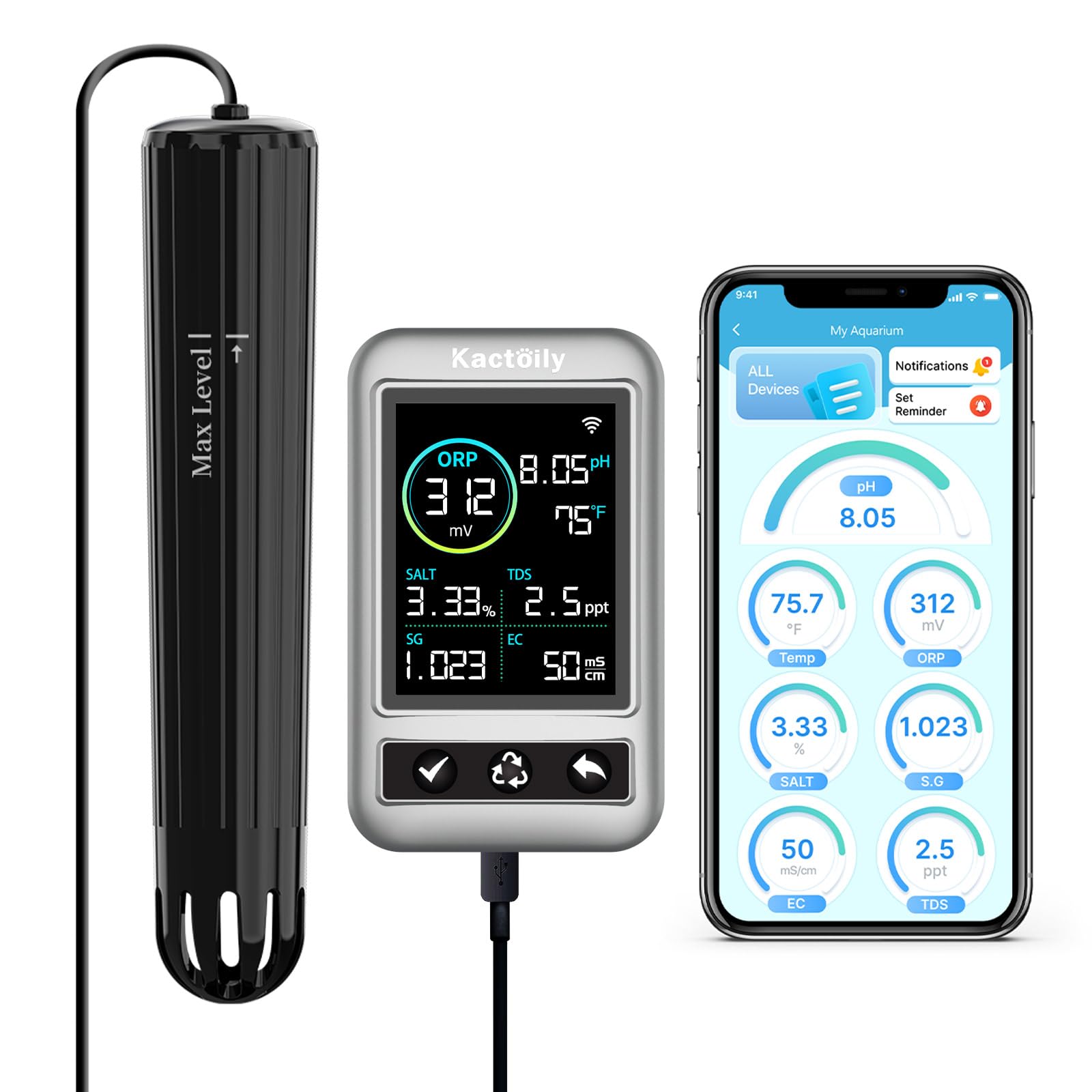 Kactoily Smart Aquarium Monitor with WiFi, All-in-One Salinity Tester for Saltwater Aquarium, Water Tester for Fish Tank with Real-Time Alerts