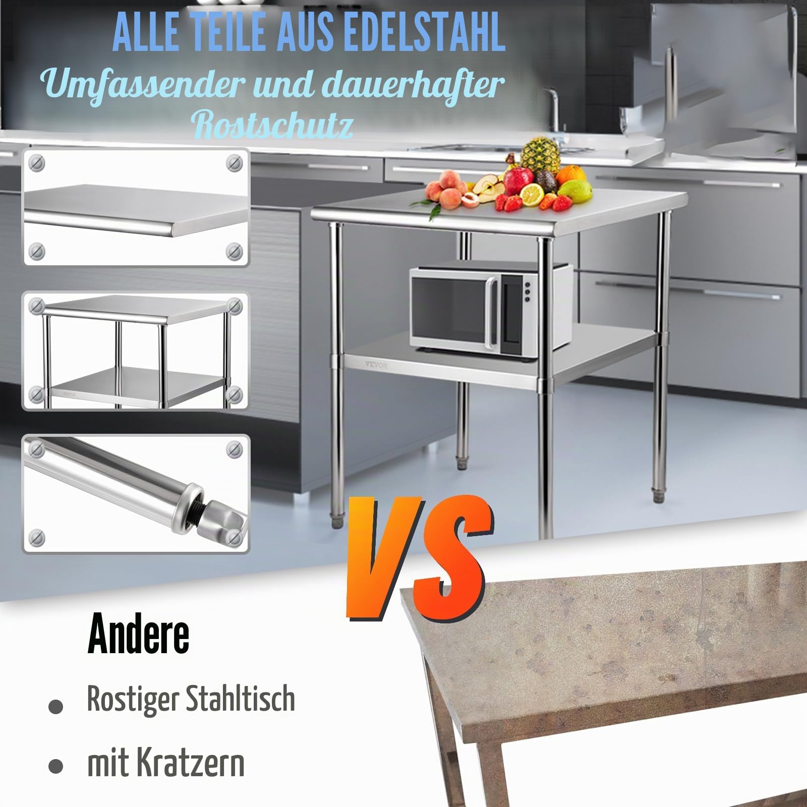VEVOR Kommerzieller Edelstahltisch 76,2 x 76,2 x 91,4 cm, Edelstahl Zweilagiger Arbeitstisch Zerlegetisch Gastro 226 kg + 136 kg Tragfähigkeit, Gewerbe Küchentisch, Zubereitungstisch Küchenmöbel
